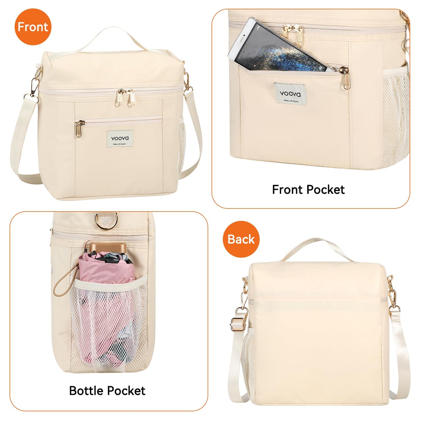 Voova Lunch Bag for Women, Insulated Lunch Box with Shoulder Strap, Adult Reusable Lightweight Nylon Waterproof Lunchbox Lunch bags for Work, Beige