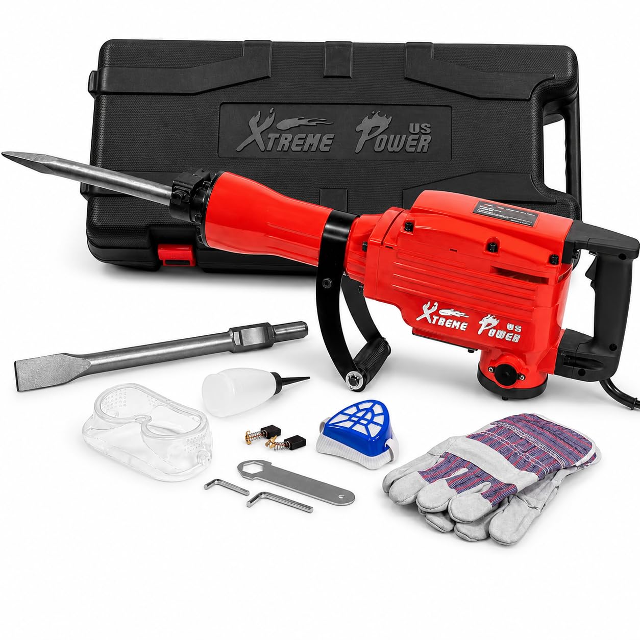 XtremepowerUS 2200W Demolition Jack Hammer Flat Chisel Bull Point Chisel Bits Demo Chipping Hammer Concrete Pavement Breaker DIY Construction Concrete Floor Breaker Punch Drill