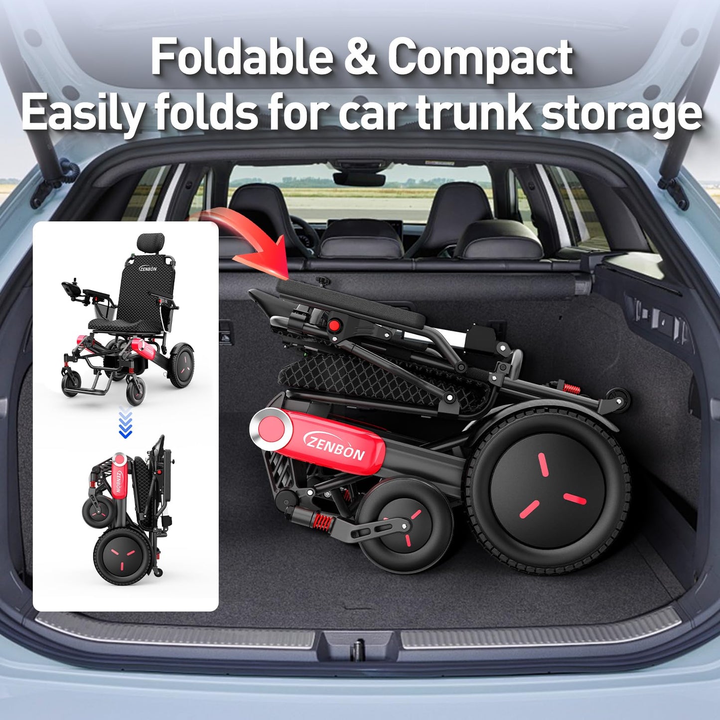 Electric Wheelchairs for Adults/Seniors ZENBON, 30 Miles Cruise Range, Automatic Backrest Adjustment Powered Wheelchair, Portable Foldable Lightweight All Terrain Electric Mobility Chair 632B