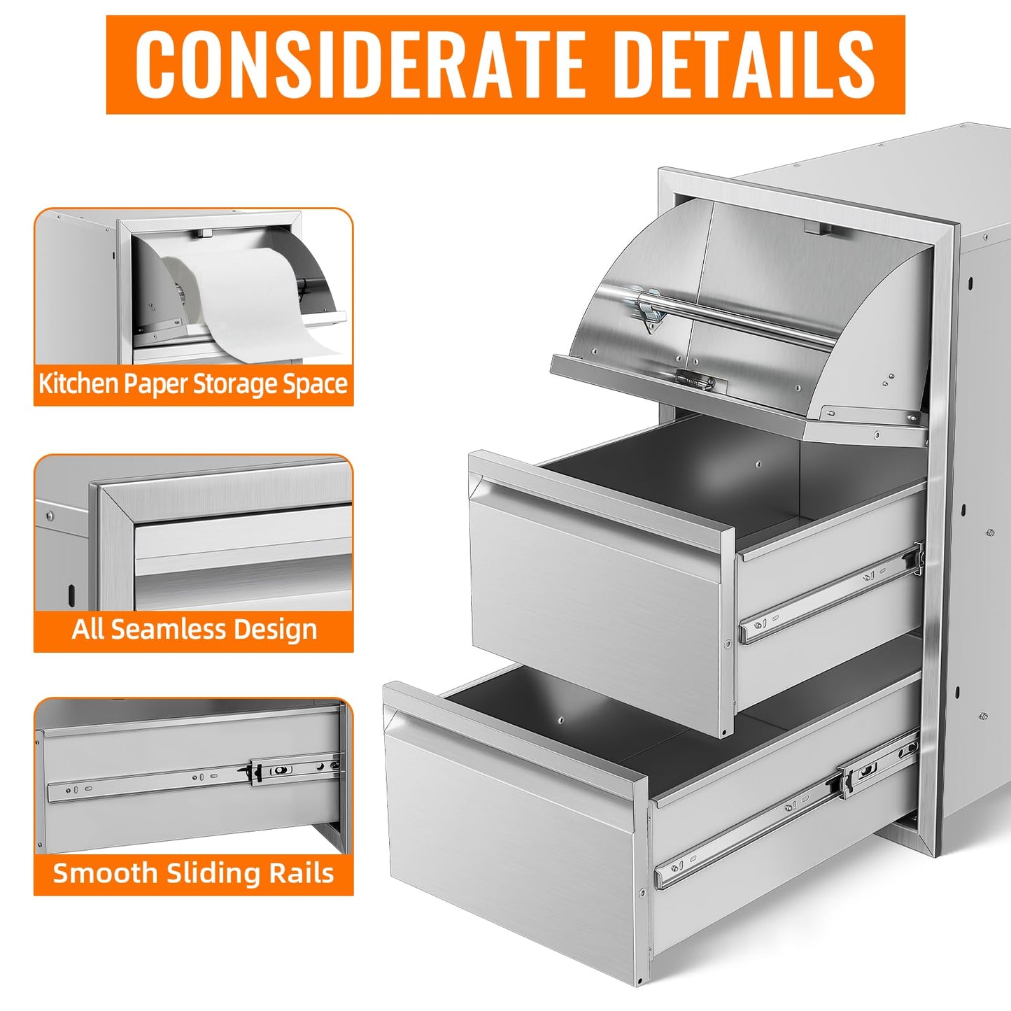 RAILEN Outdoor Kitchen Drawers Stainless Steel Flush Mount BBQ Drawers for Outdoor Kitchen Island or Patio Grill Station (15Wx26Hx22D Inch)