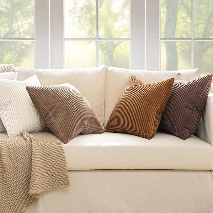 MIULEE Boho Farmhouse Throw Pillow Covers 20x20 Inch Set of 4 Rustic Mordern Neutral Cushion Covers Soft Corduroy Nordic Home Decor for Couch Bed Sofa Living Room Brown