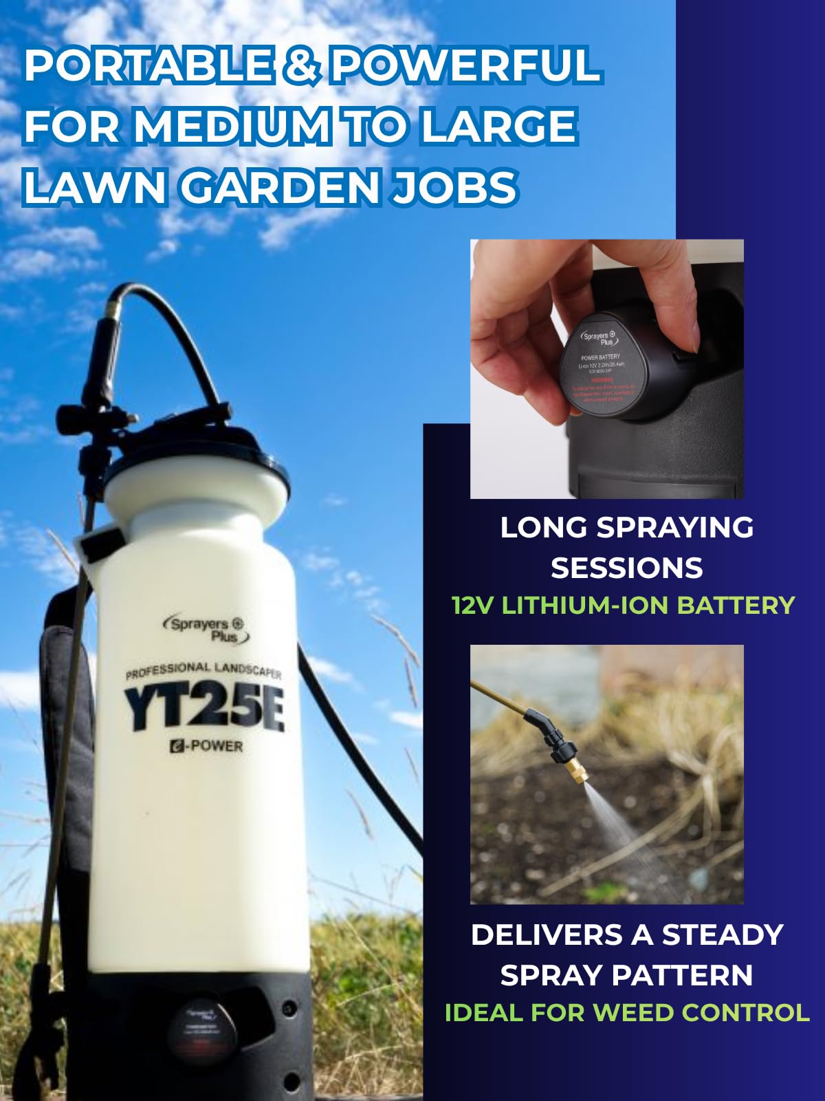 Sprayers Plus YT25E Battery Powered Sprayer 2 Gallon, Rechargeable with 12V Lithium-ion Electric Sprayer,Chemical Resistant Brass Wand Nozzle,Viton Seals for Long Distance Lawn Care