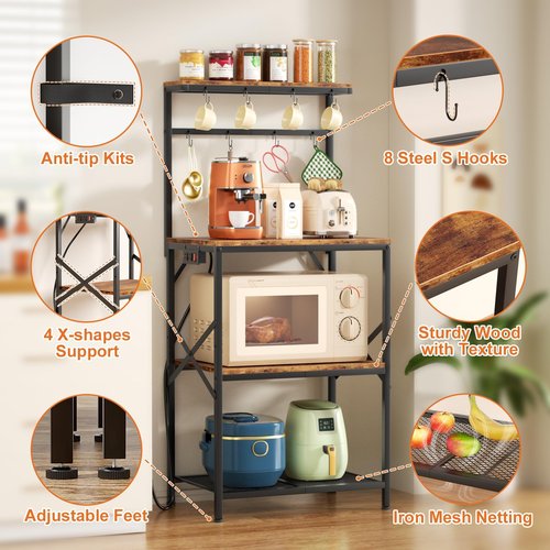 Korfile Kitchen Bakers Rack with Power Outlet, Small Coffee Bar Cart 4 Tiers, Microwave Stand Station with 8 S Hooks, Adjustable Shelf, Freestanding Kitchen Appliance Organizer, Rustic Brown