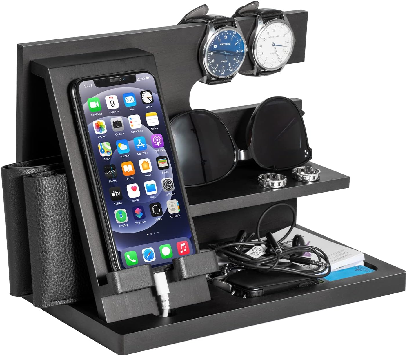 AliveByte Wood Phone Docking Station - Gifts for Men Desk or Nightstand Organizer - Birthday Gifts for Husband, Fathers