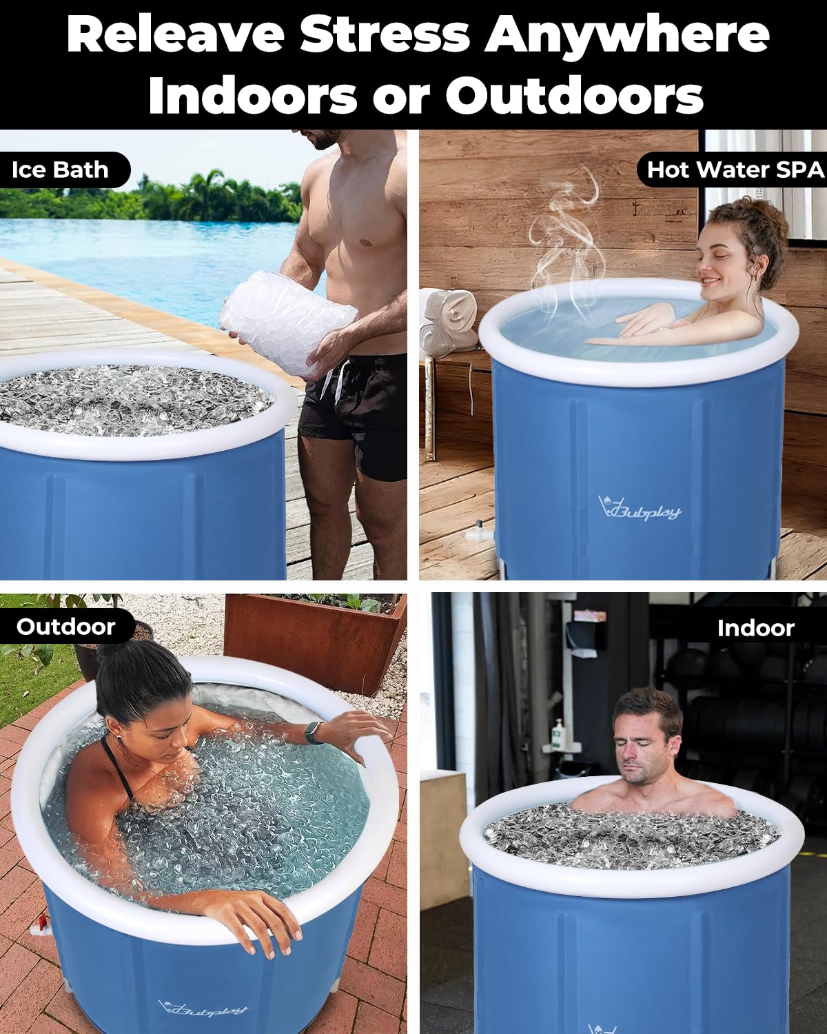 XL Ice Bath Tub for Athletes & Adults - 105 Gallons Ice Tub, Cold Plunge Tub with Cover, Ice Plunge Tub for Recovery & Cold Water Therapy, Inflatable Ice Bath Barrel for Indoor Outdoor - Blue