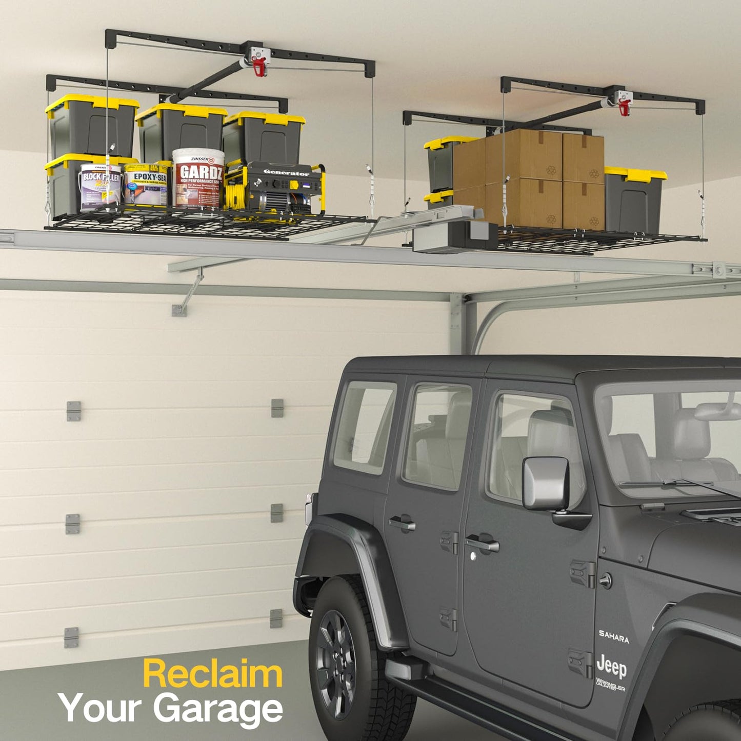 KOKORACKER Garage Ceiling Storage Rack, 4x4 Ft Adjustable Overhead Garage Storage Rack Lift, Heavy-Duty Ceiling Mounted Storage Lift System for Garage Organization, 250lbs Weight Capacity