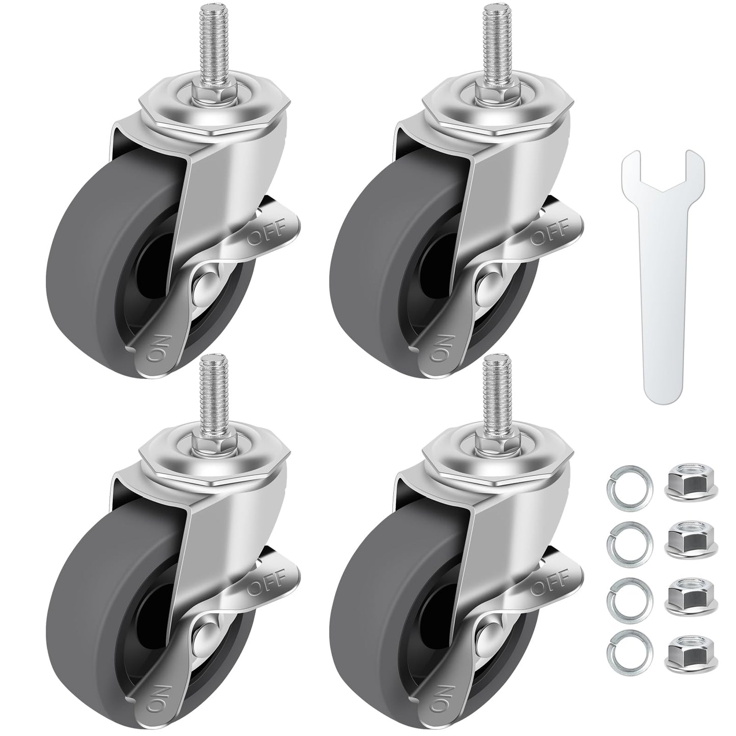 WHARSTM Caster Wheels, 3" Locking Swivel Stem Casters Set of 4, 3/8"-16 x 1 (Screw Diameter 3/8", Length 1") Rubber Casters with 360 Degree No Noise Wheels for Furniture