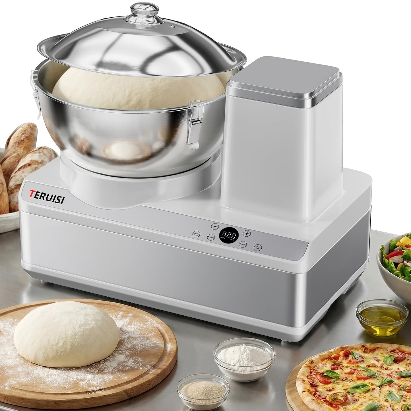 TERUISI Commercial Dough Mixer, 13.8QT Electric Dough Maker with LED Display Timer Ferment Function, Countertop Bread Mixer Kneading Machine with Stainless Steel Removable Bowl for 18LBS Flour Pizza