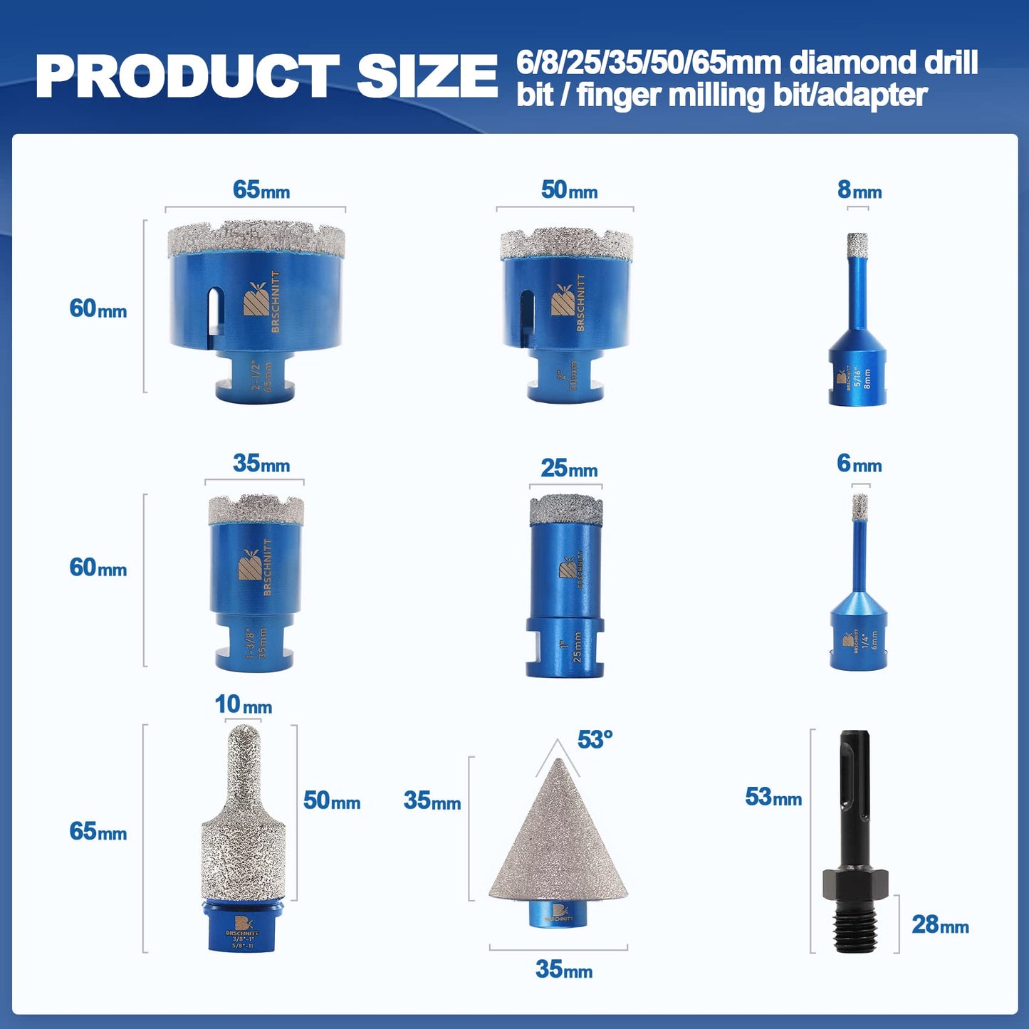 Diamond Core Drill Bit Set BRSCHNITT Diamond Hole Saw for Porcelain Tile Ceramic Marble Granite Drilling with 5/8-11 Thread(6/8/25/35/50/65/100mm Drill bits,10-25mm Finger bit+35mm Chamfer bit.