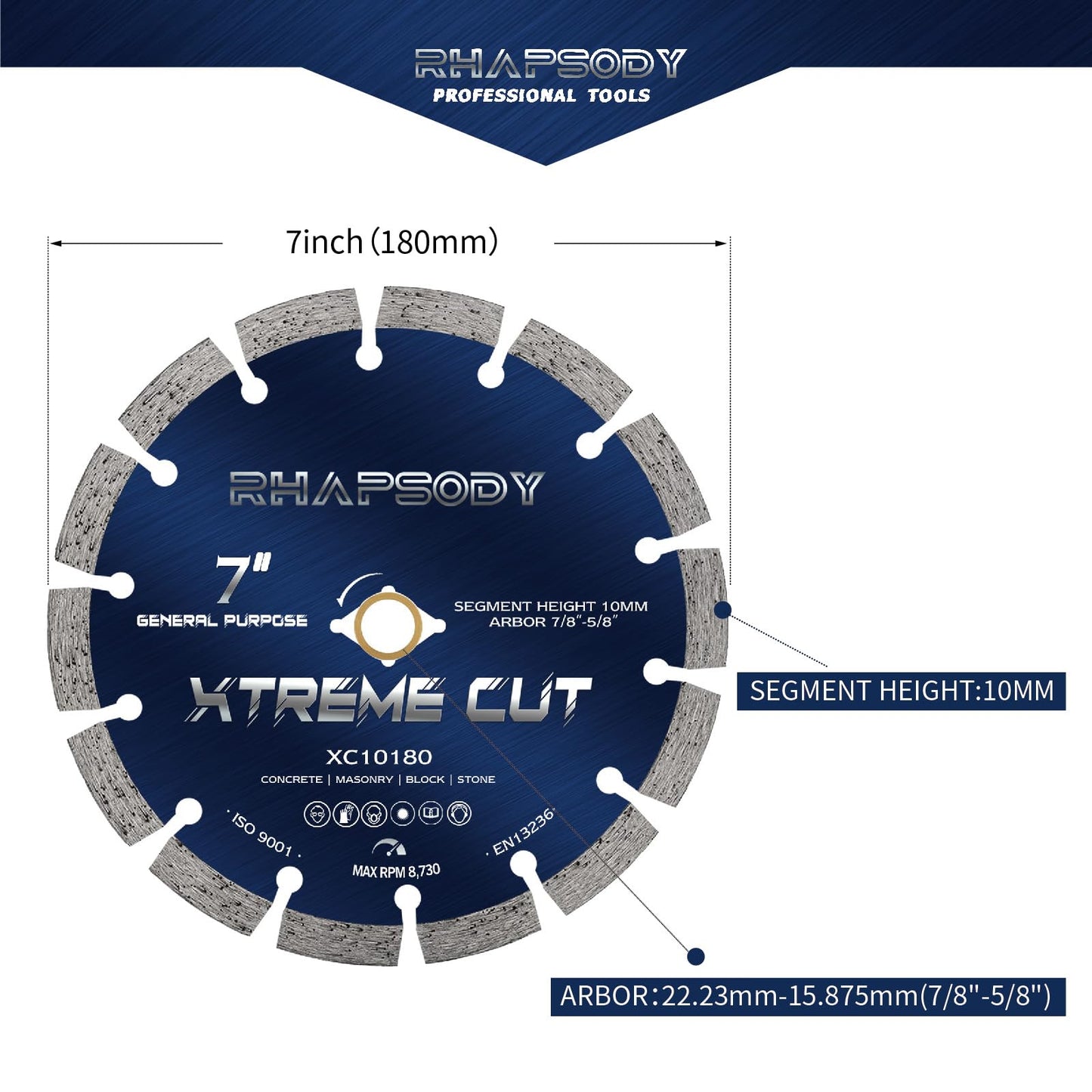 RHAPSODY 7 Inch Diamond Saw Blade 2Pcs, Segmented General Purpose Blade Dry/Wet Cutting Concrete,Granite,Stone,Masonry, Brick, Block,7/8"-5/8” Arbor