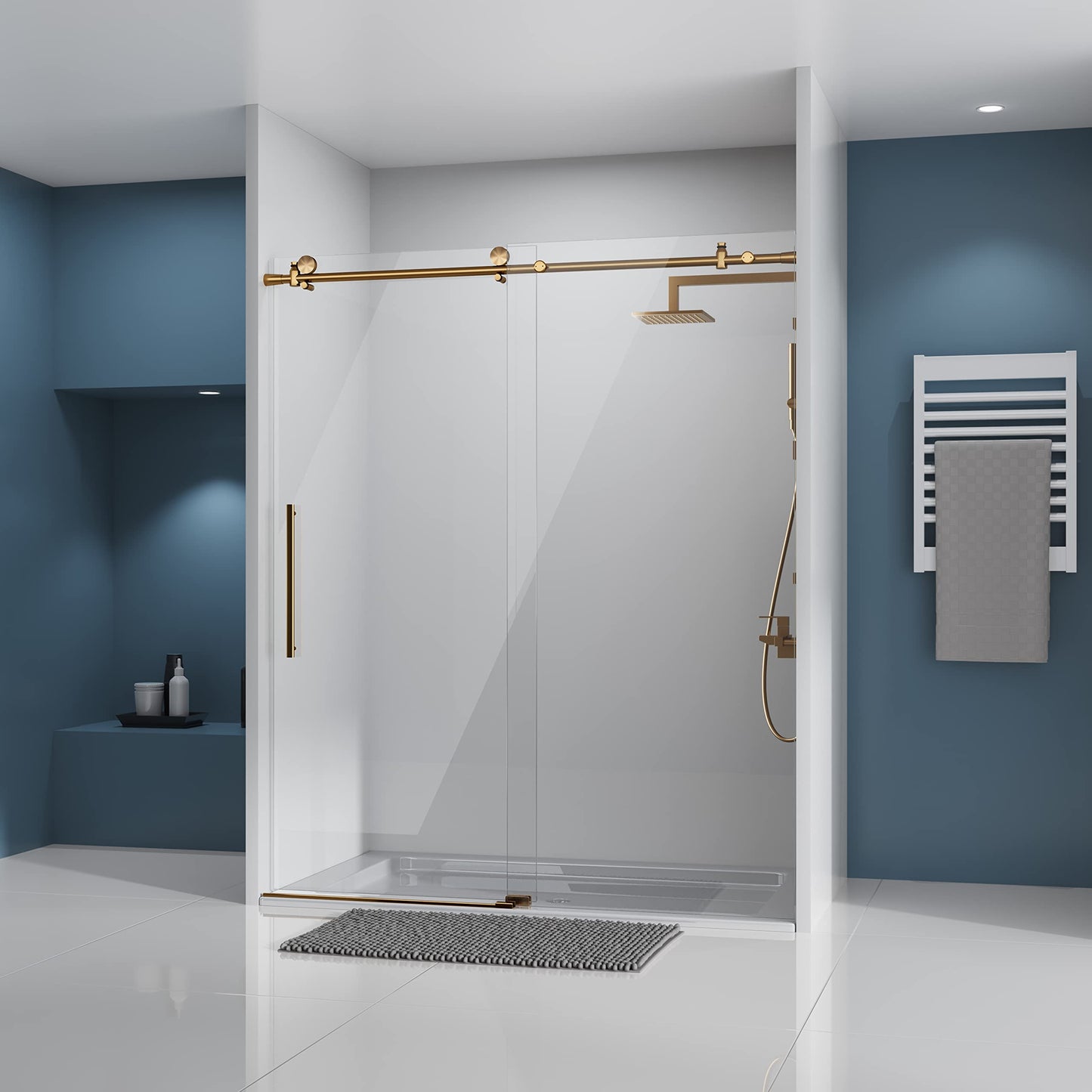 DELAVIN Frameless Shower Door, 56-60" W x 75" H Sliding Glass Shower Door, SGCC Certified Clear Tempered Glass with Explosion-Proof Film, Easy to Clean, Stainless Steel Guide Rail, Gold
