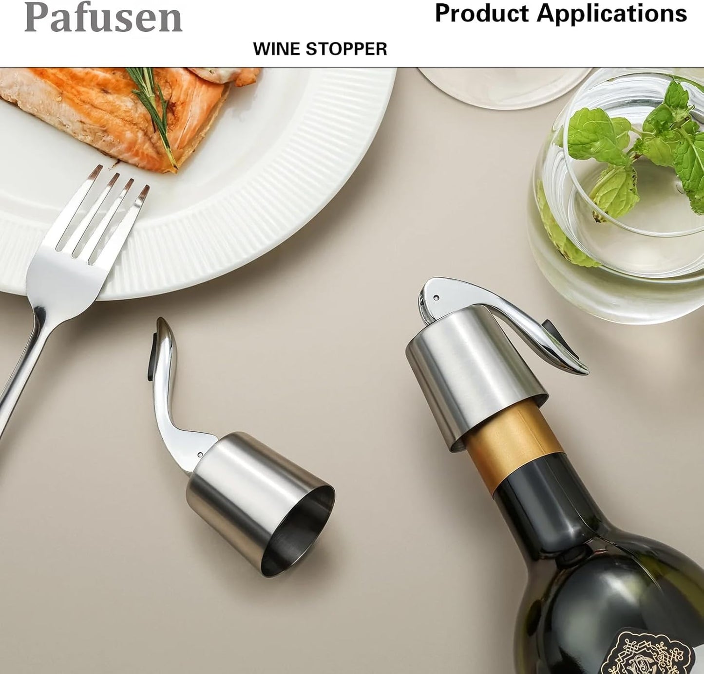Pafusen Wine Stoppers Set of 4, Stainless Steel Wine Bottle Stopper with Silicone Seal, Reusable Wine Freshness Keep, Wine Saver Wine Bottle Sealer Stopper, Wine Accessories Gift (4 Pack, Silver)