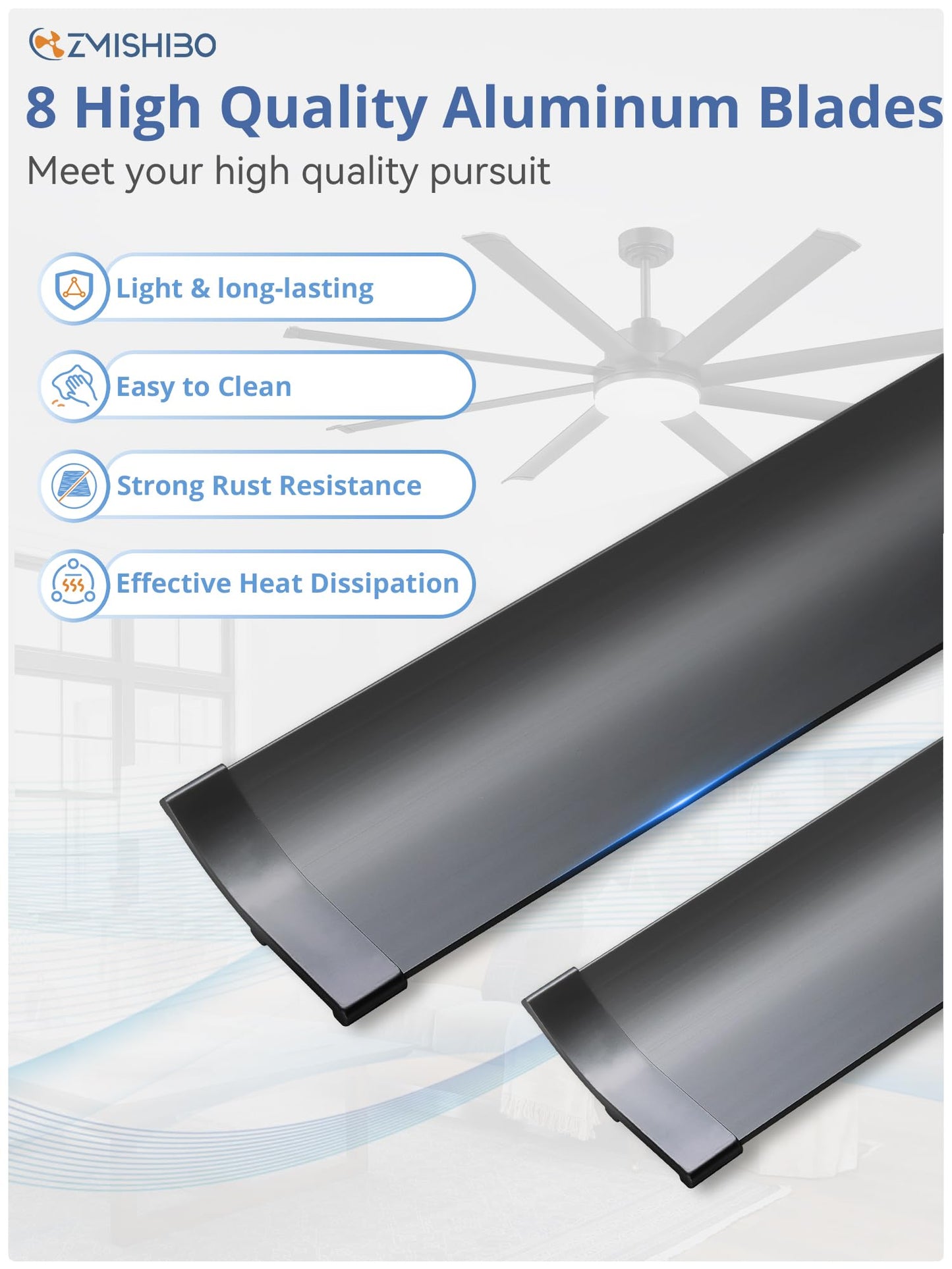 ZMISHIBO 72 Inch Ceiling Fan with Light, Large Industrial Ceiling Fan with Modern 8 Black Aluminum Blades, 3000-6000K Dimmable, 6 Speeds, Smart Fan Light Compatible with Alexa for Patio Living Room