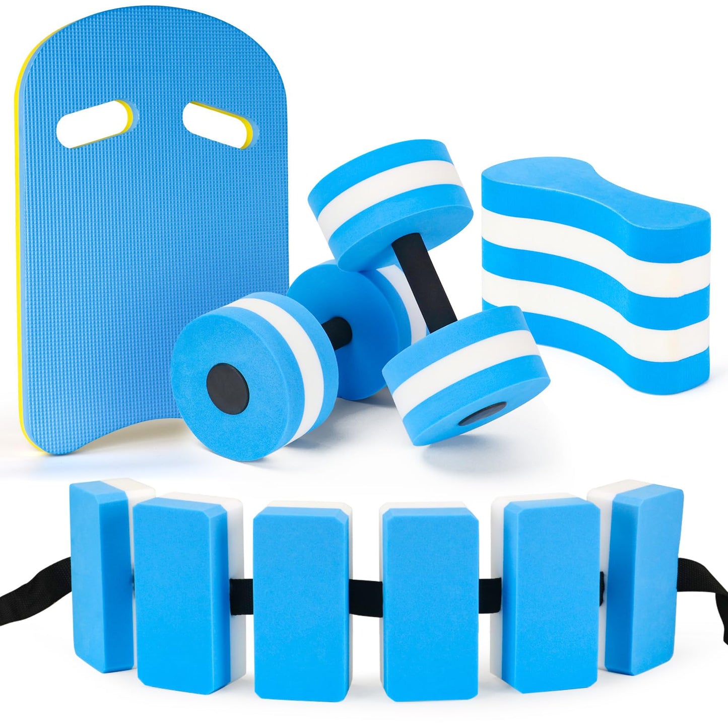 NEAGLORY 5 Pieces Water Aerobics Set Aquatic Exercise Set Pool Fitness Equipment with Foam Dumbbell, Swim Kickboard, Pull Buoy, Aquatic Swim Belt for Water Workout, Blue