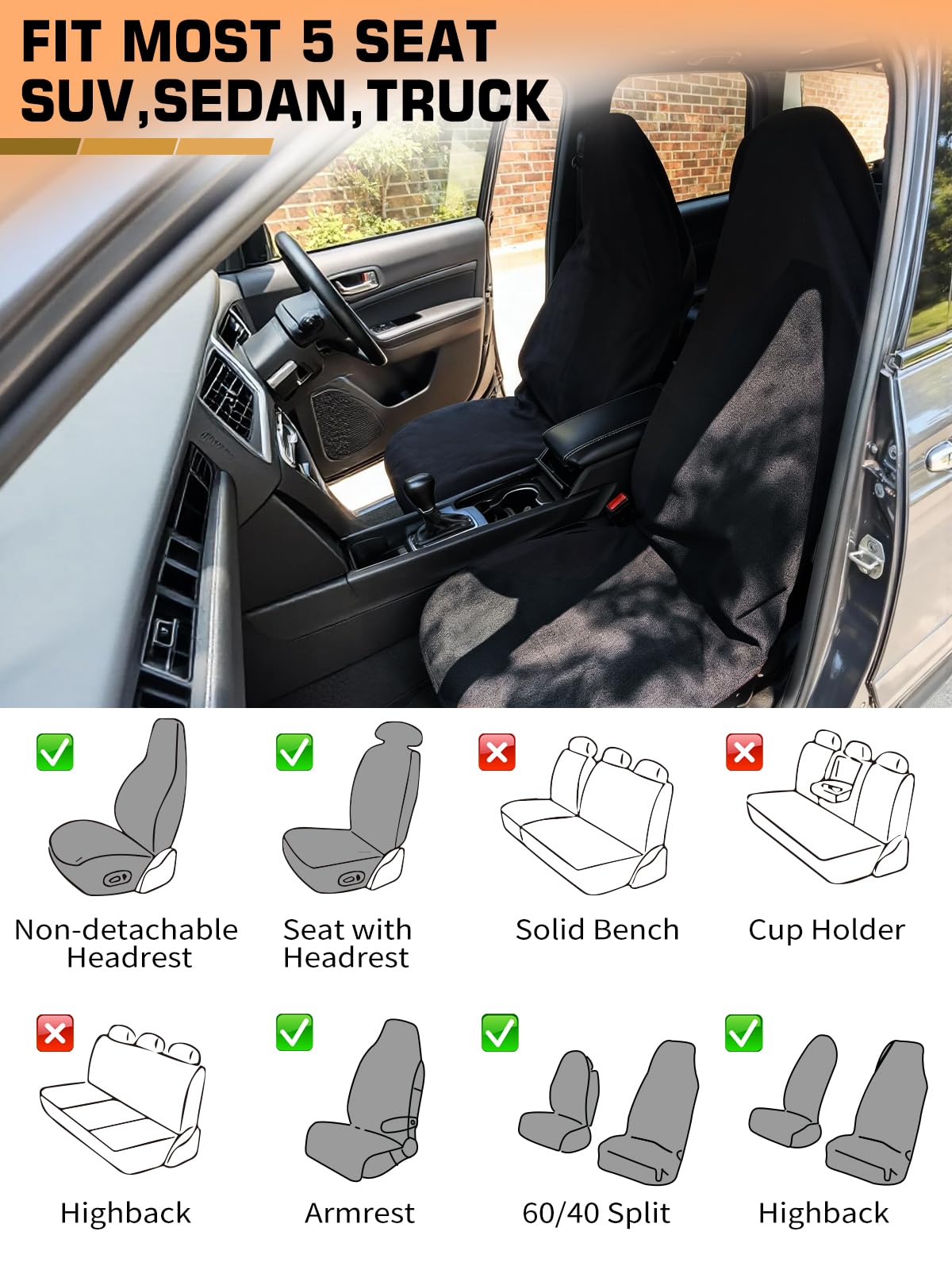TESFEEL Car Seat Cover Towel GRS Certified Recycled, Waterproof & Washable, Non-Slip Universal Fit for Cars SUVs Trucks, Sweat Protection for Gym, Kids, Pets & Travel (Black, 2 Pack)