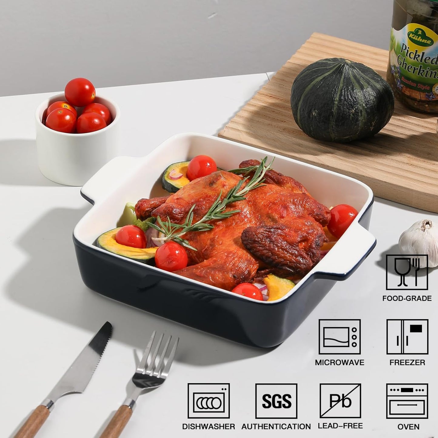 Sweejar Ceramic Baking Dish - 8 x 8 Square Bakeware with Double Handles for Casserole & Lasagna | Navy