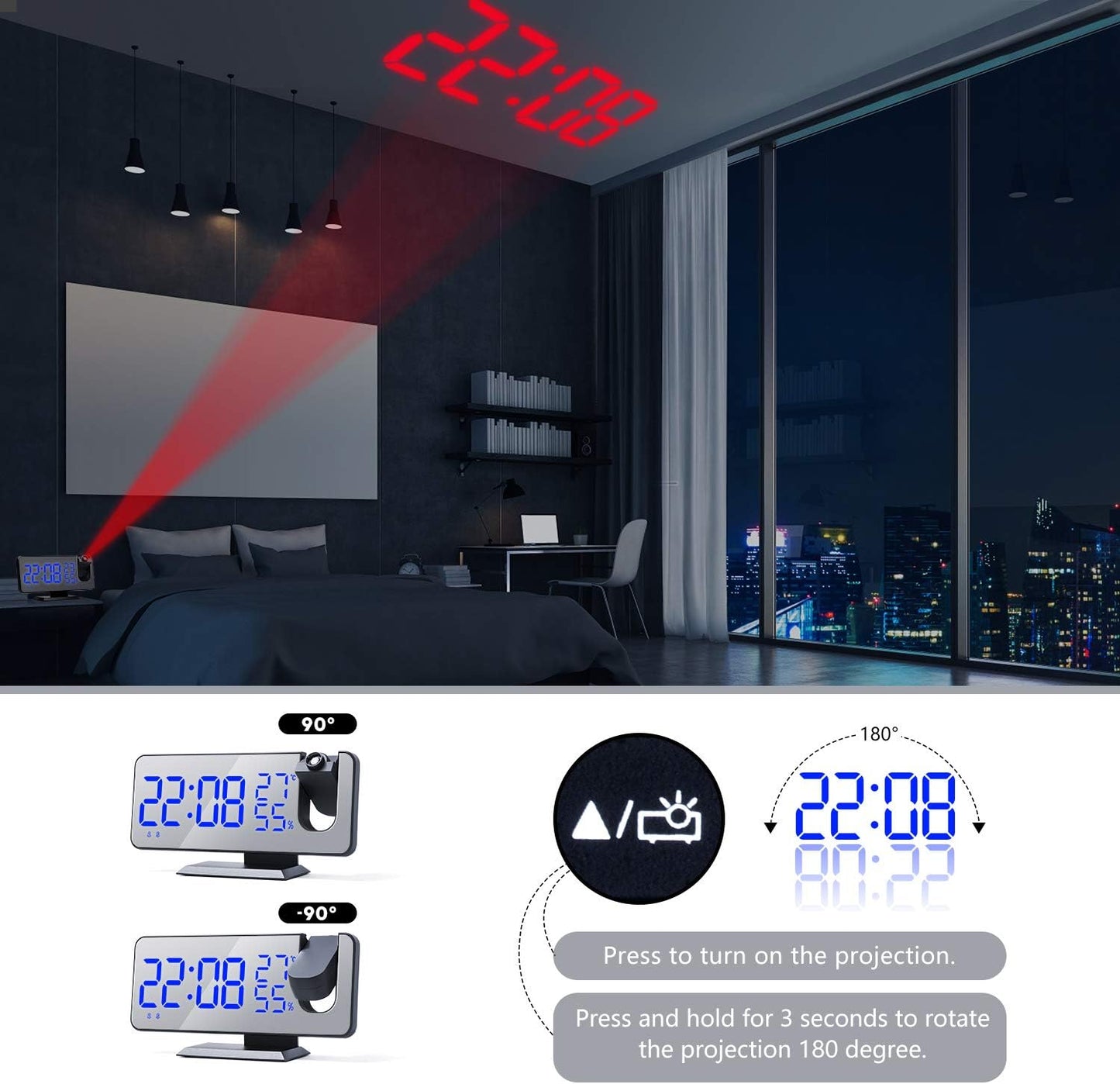 4 Dimmer 180 2 7.4'' ThreeH Projection Alarm Clock Radio Digital Alarm Clock & Rotable & Sounds Large Mirror Display