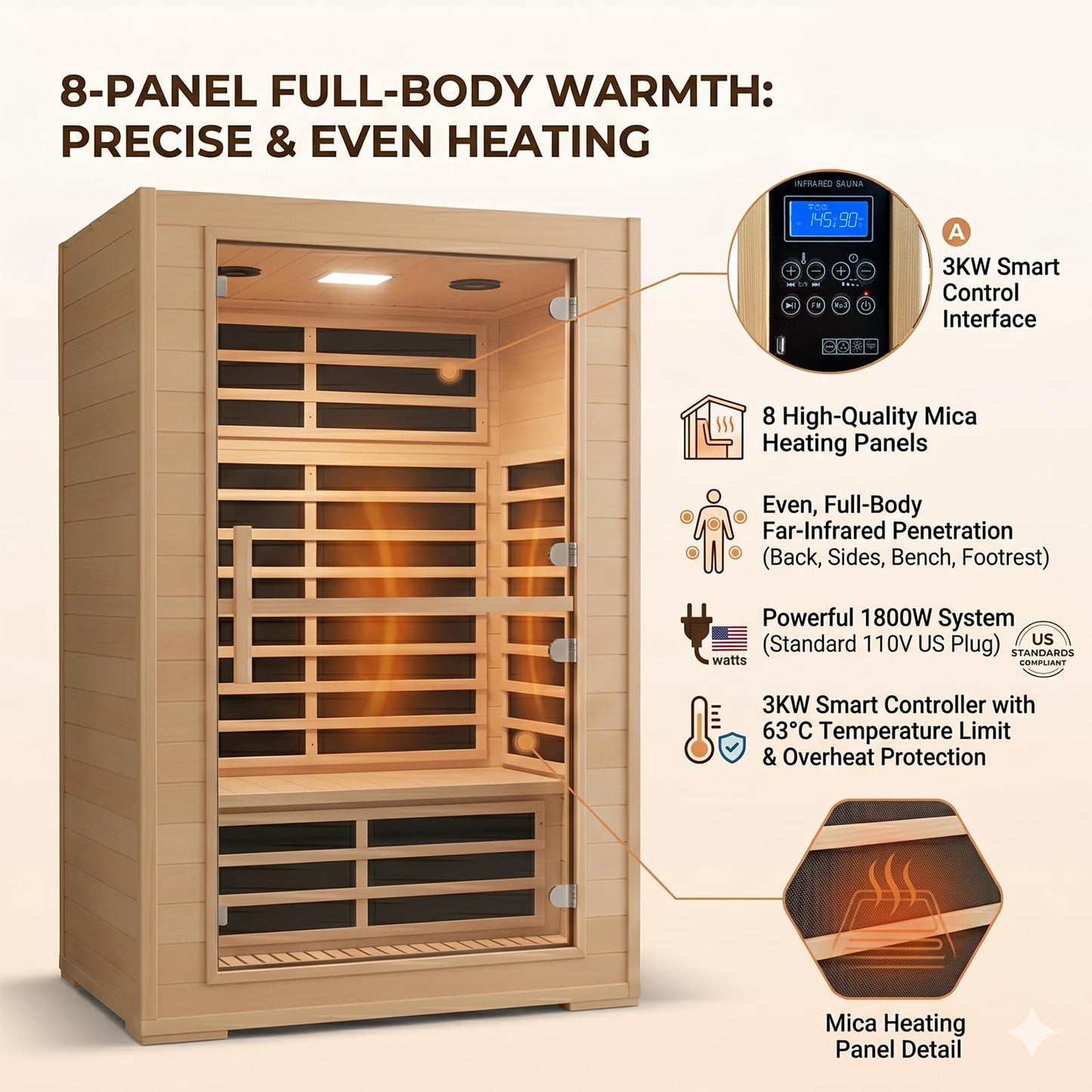2 Person Far Infrared Sauna for Home, Canadian Hemlock Wood Infrared Sauna, 1800W Low EMF Sauna with 8 Mica Heating Panels, Bluetooth, FM Radio, Color Light Therapy, Indoor Home Spa Sauna
