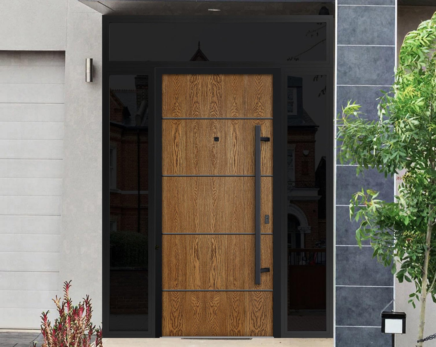 VDOMDOORS Front Exterior Prehung Steel Door/Deux 6683 Natural Oak / 2 Side and Top Exterior Window Sidelite/Entry Metal Modern Painted W12+36+12" x H80+16" Left Hand Inswing