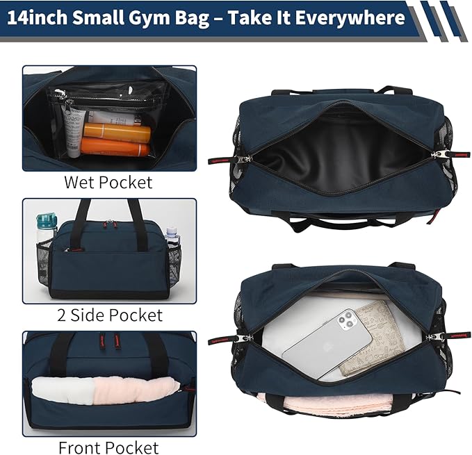 Small Gym Bag with Wet Pocket - 14 inch Mini Duffle Bag for Men & Women Lightweight Carry On Bag for Travel Sport - Navy Blue