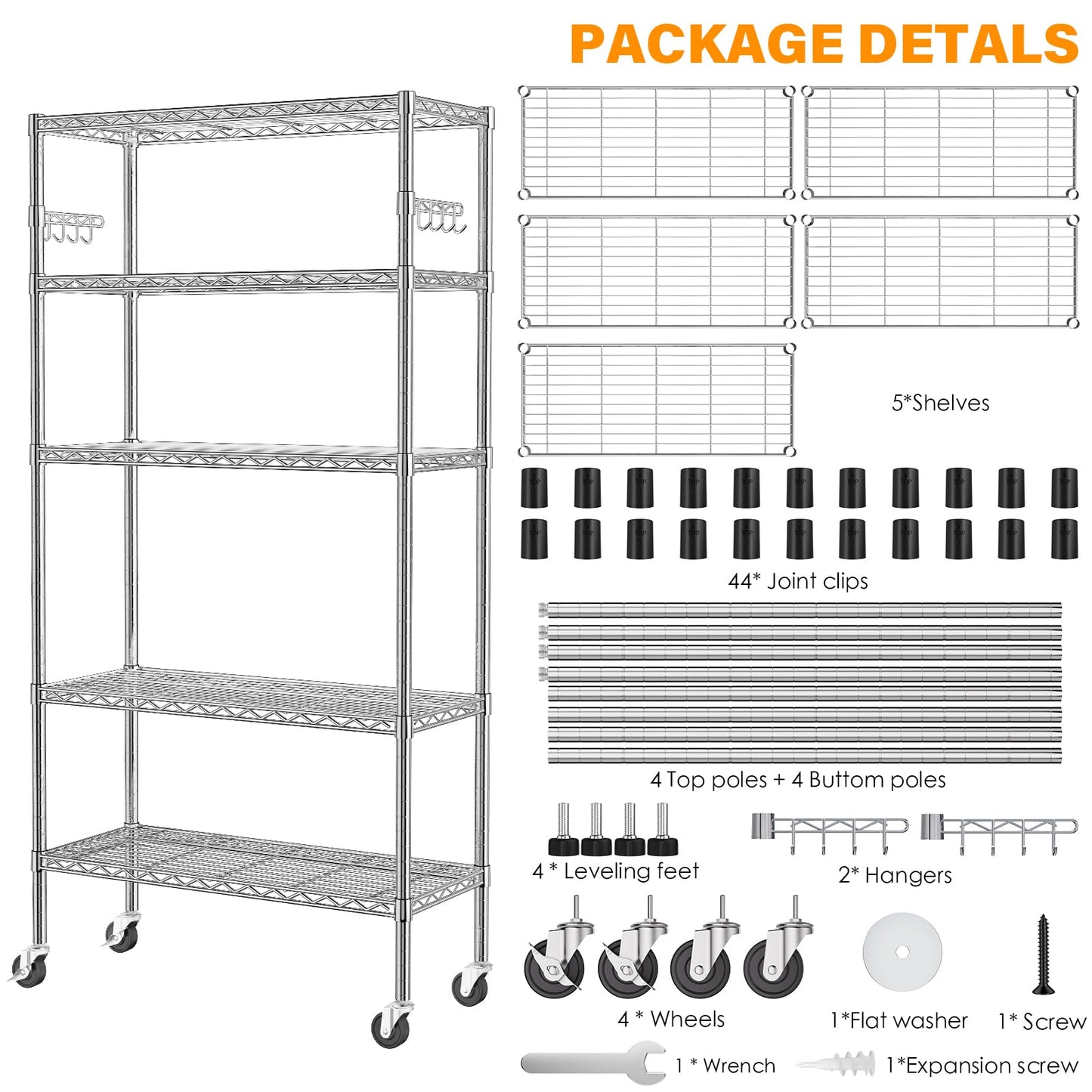 YNN Storage Shelves,1750Lbs 5 Tier Heavy Duty Metal Rolling Shelving Unit with Wheels & 8 Hooks, Adjustable Garage Wire Rack for Kitchen, Bathroom,Industrial,Pantry(36" W x 14" D x 72" H, Chrome)