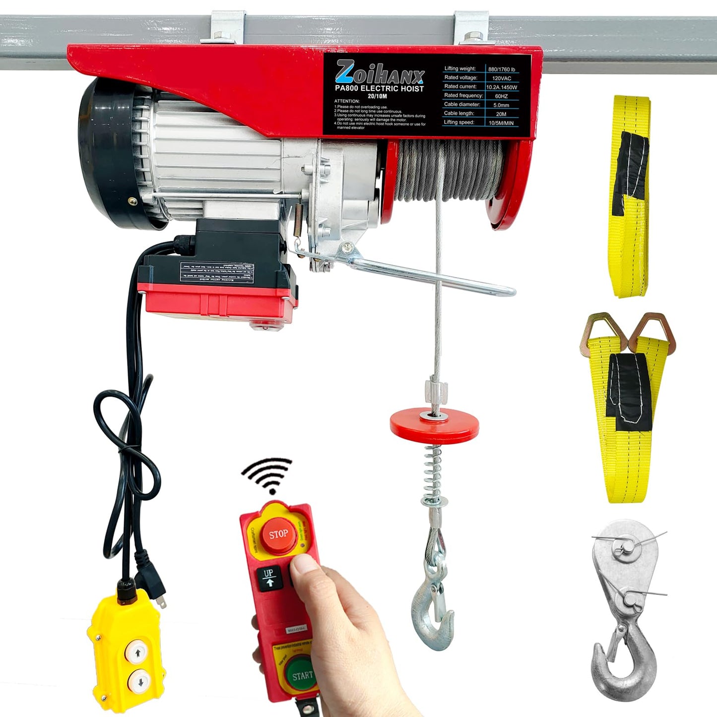 1760 lbs Electric Hoist with Remote Control,Wireless/Wired Electric Hoist 2 in 1,110V Single/Double Slings Steel Lift Hoist Winch for Garage Warehouse Factory