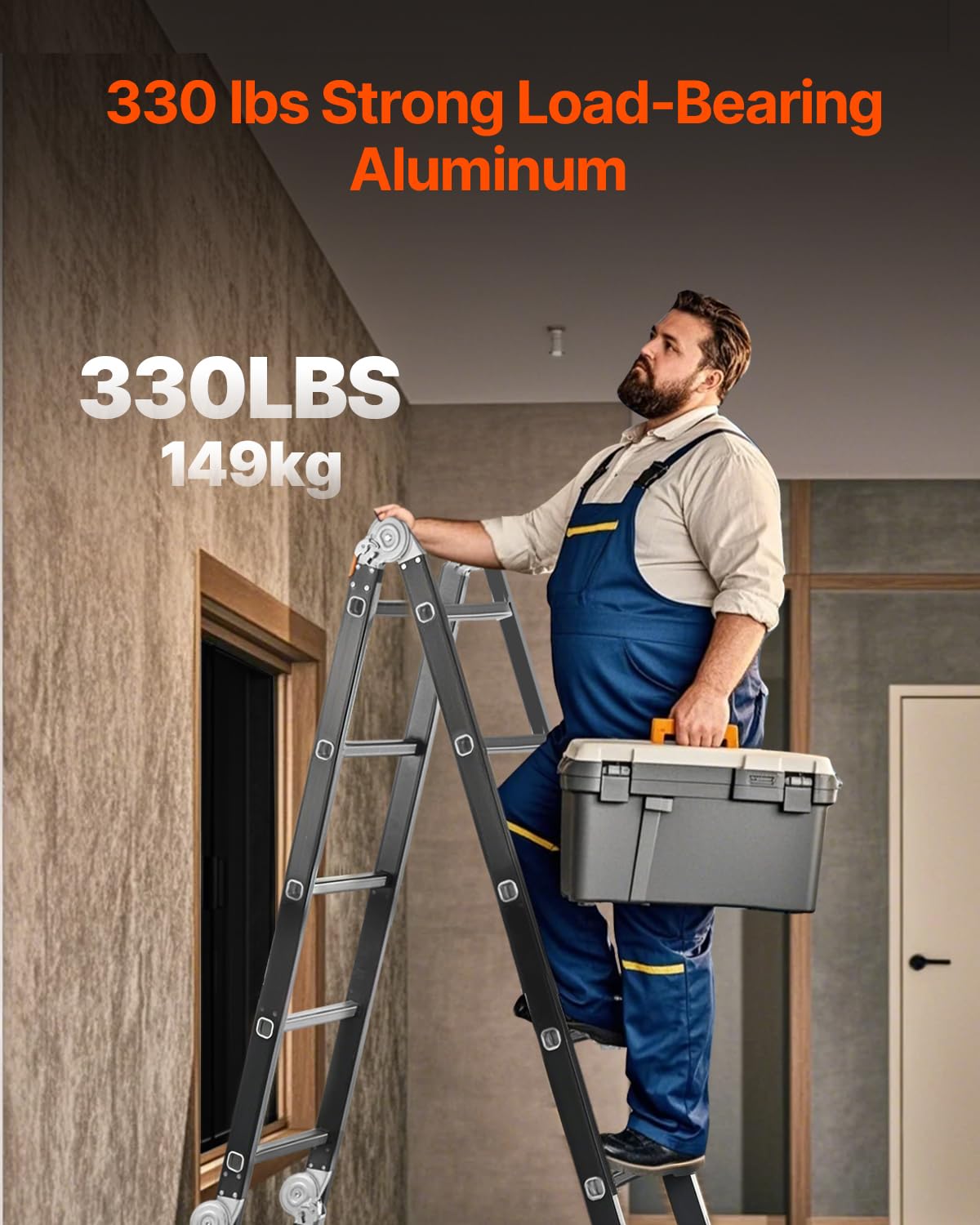 VEVOR Multi-Purpose Folding Ladder, 7-in-1 Tall Extension Step Ladder, A Frame 4 Step with Scaffolding Plank Telescoping Ladder, 15.5ft Reach Height Heavy Duty, 330 lbs Capacity for Home Outdoor