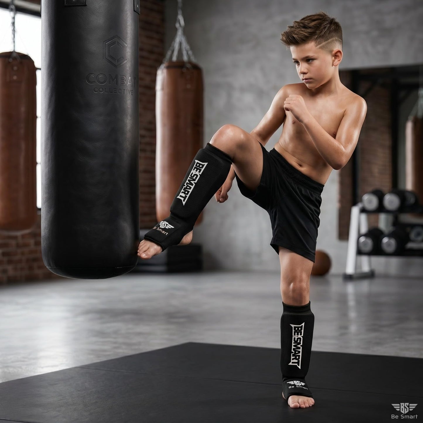 Kids Shin Instep Pads MMA Leg Foot Guards Muay Thai Kick Boxing Guard Protector (Black, XXS (9 to 13 Years))