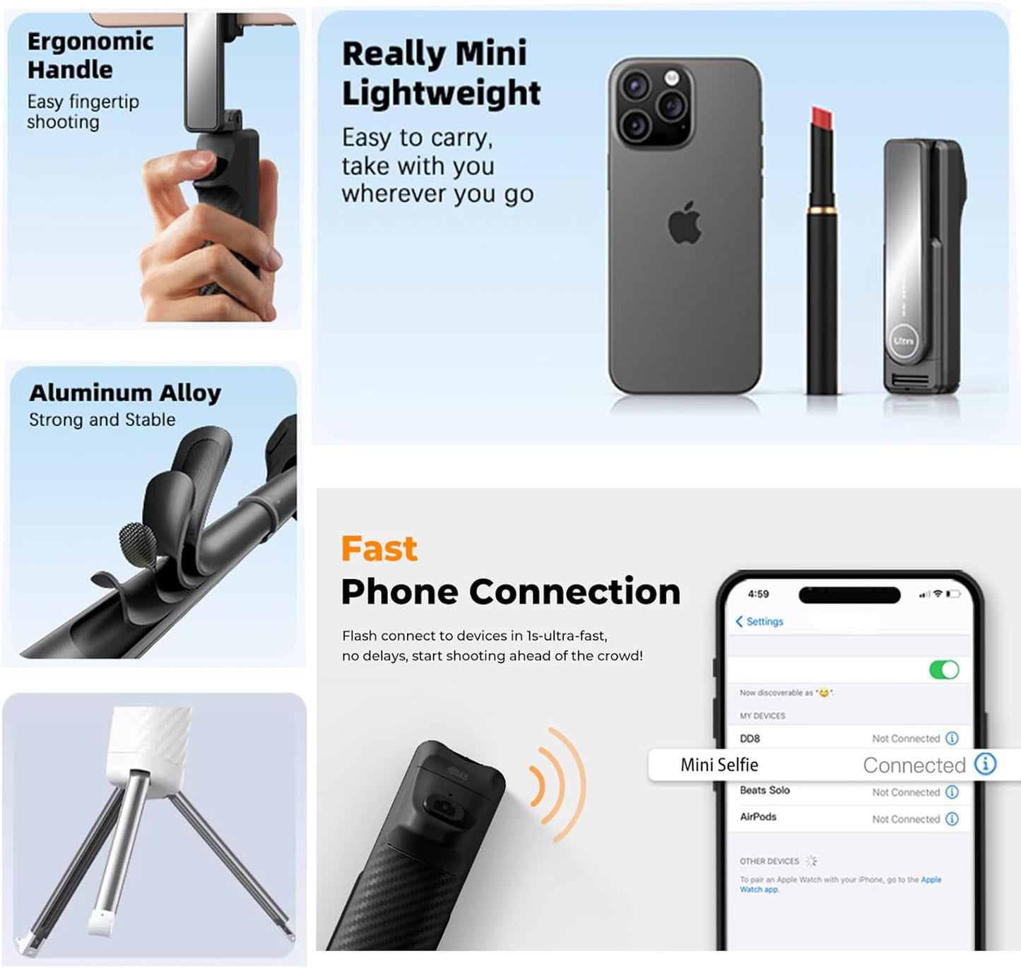 BONERUY Selfie Stick Tripod with Remote, Portable Phone Tripod Stand with Removable Wireless Bluetooth Remote, Selfie