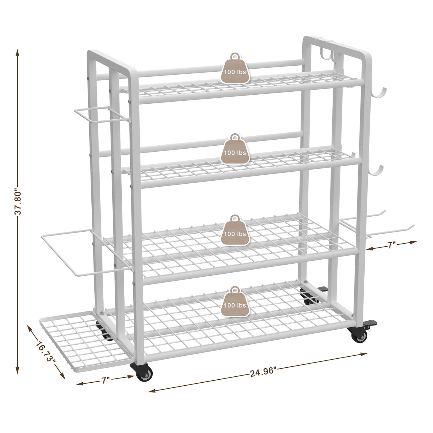 4-Tier Dumbbell Rack Stand Only, 600LB Capacity Adjustable Weight Rack for Dumbbells Kettlebells Yoga Mat, Home Gym Storage Rack with Wheels and Hooks, Powder Coated Finish (Large White)