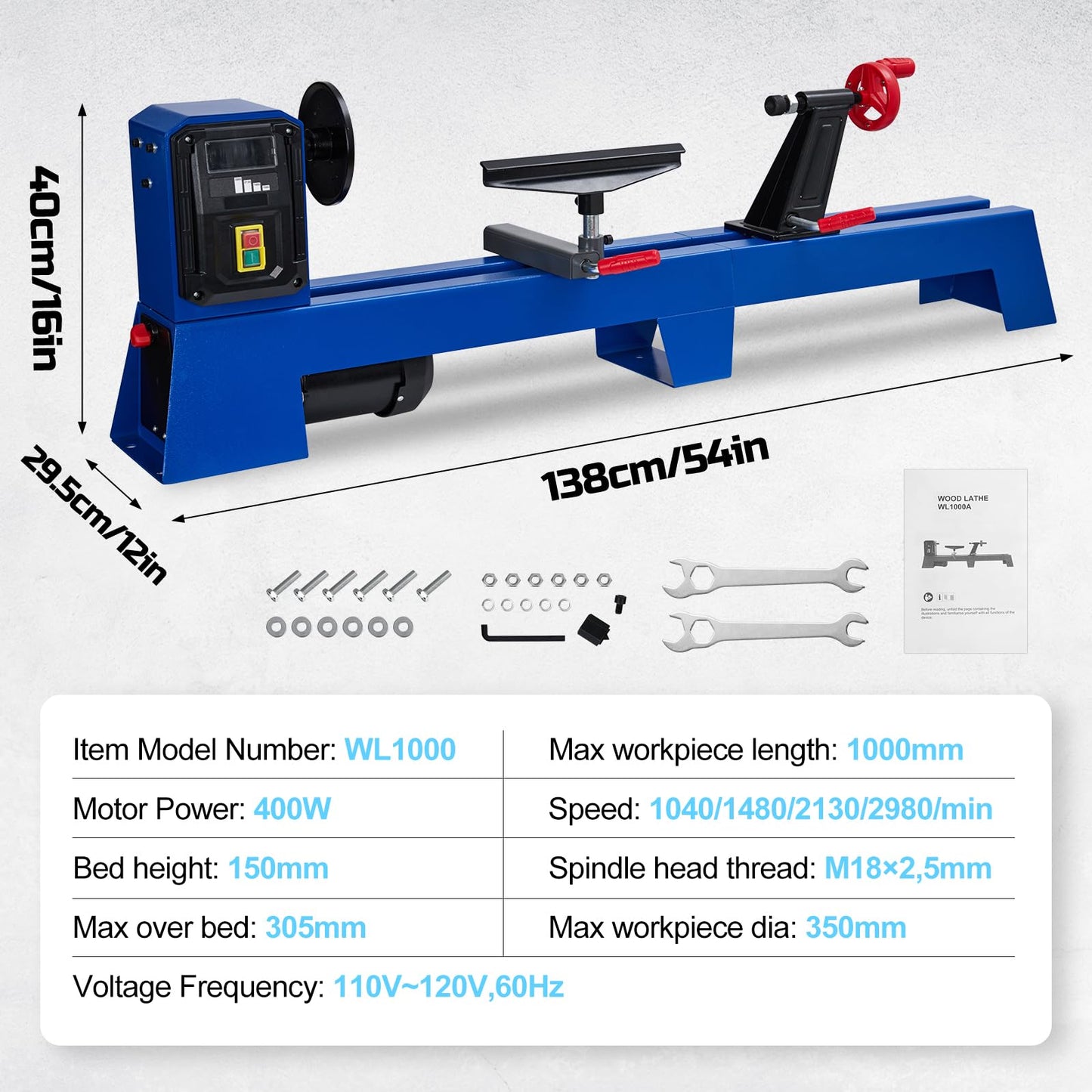Wood Lathe, 14" x 40" Benchtop Wood Lathe Machine 0.5 HP Infinitely Variable Speed 1040-2980 RPM, Wood Turning Lathe Machine with Wrench & 2 Chisels for Woodworking, Woodturning