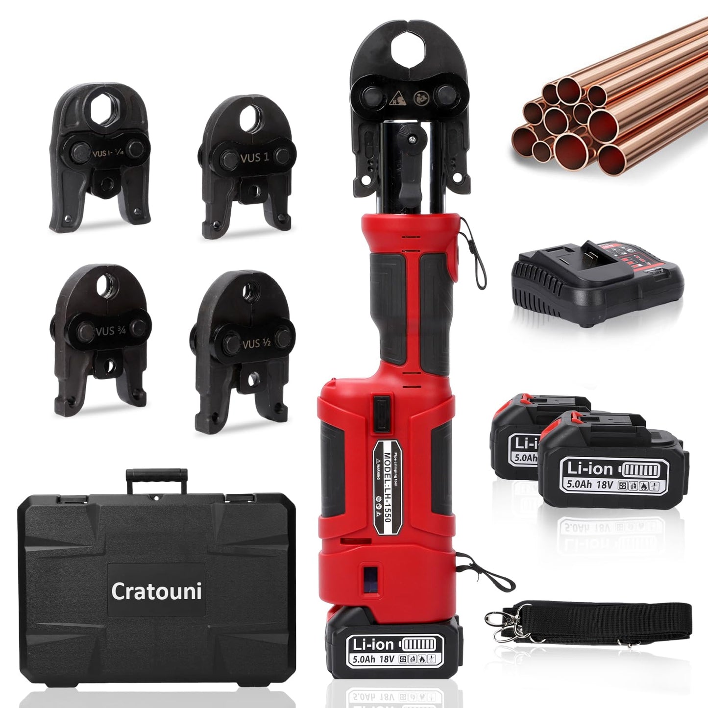 Pro Press Tool,18V Electric Pipe Crimping Tool with 4 Pro Press Jaws 1/2” 3/4“ 1” 1-1/4” US Standard for Copper, 2PCS 4AH Battery, Fast Charger & Carrying Case