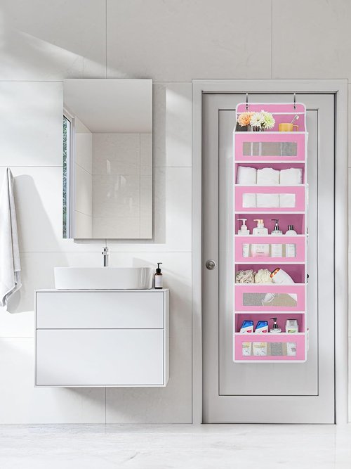 JARLINK Over The Door Organizer - 5 Shelf Hanging Storage with Large Capacity Pockets | Pink