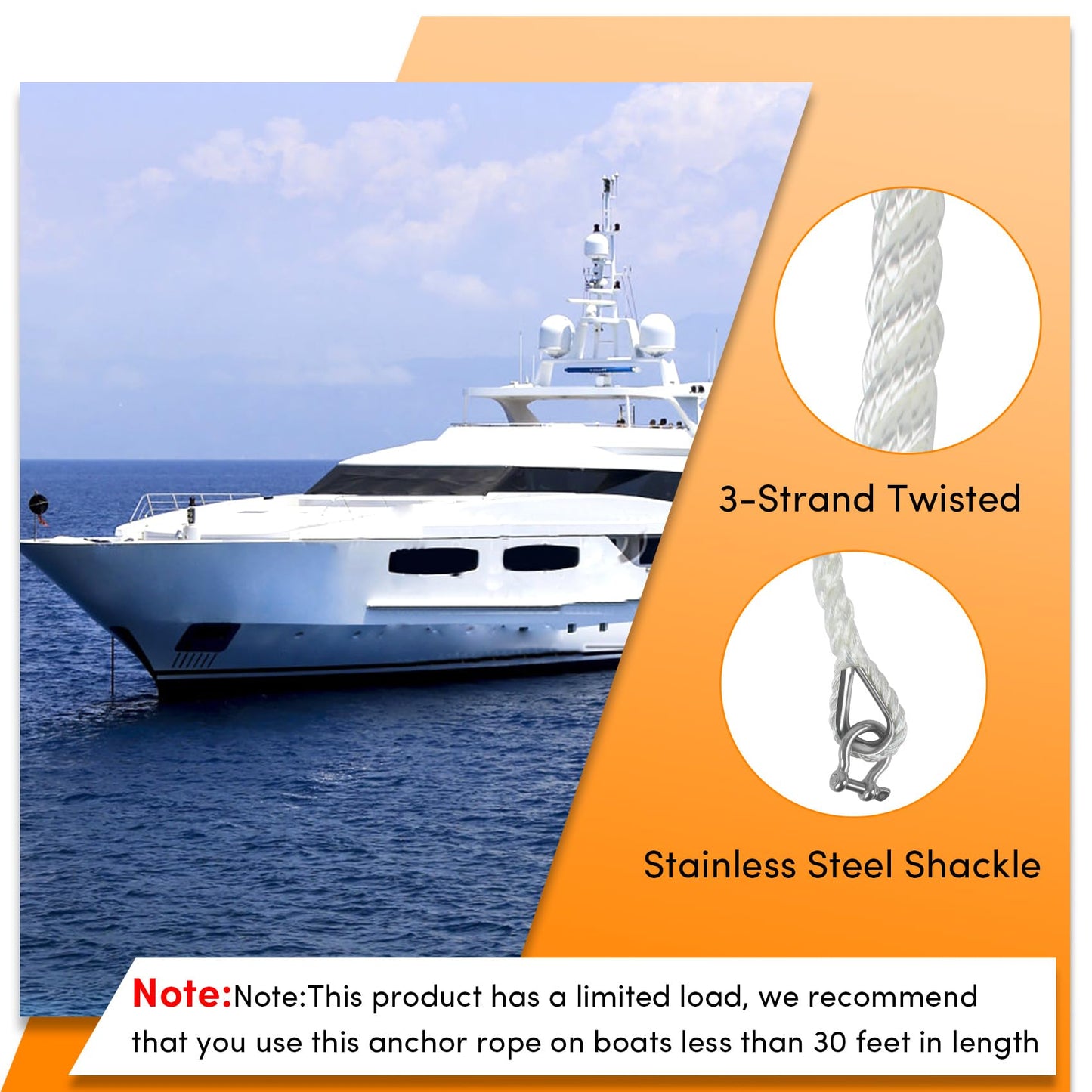 Anchor Rope 100 ft X 1/2 inch, 3-Strand Twisted Nylon Anchor Line, Boat Rope with Stainless Steel Thimble and Shackle for Boating, Anchoring, Mooring,Pulling (White)