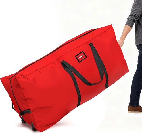 GVDV Christmas Tree Storage Bag - Waterproof 600D Oxford Canvas for 7.5 Ft Trees | Heavy-Duty with Wheels & Handles, Red
