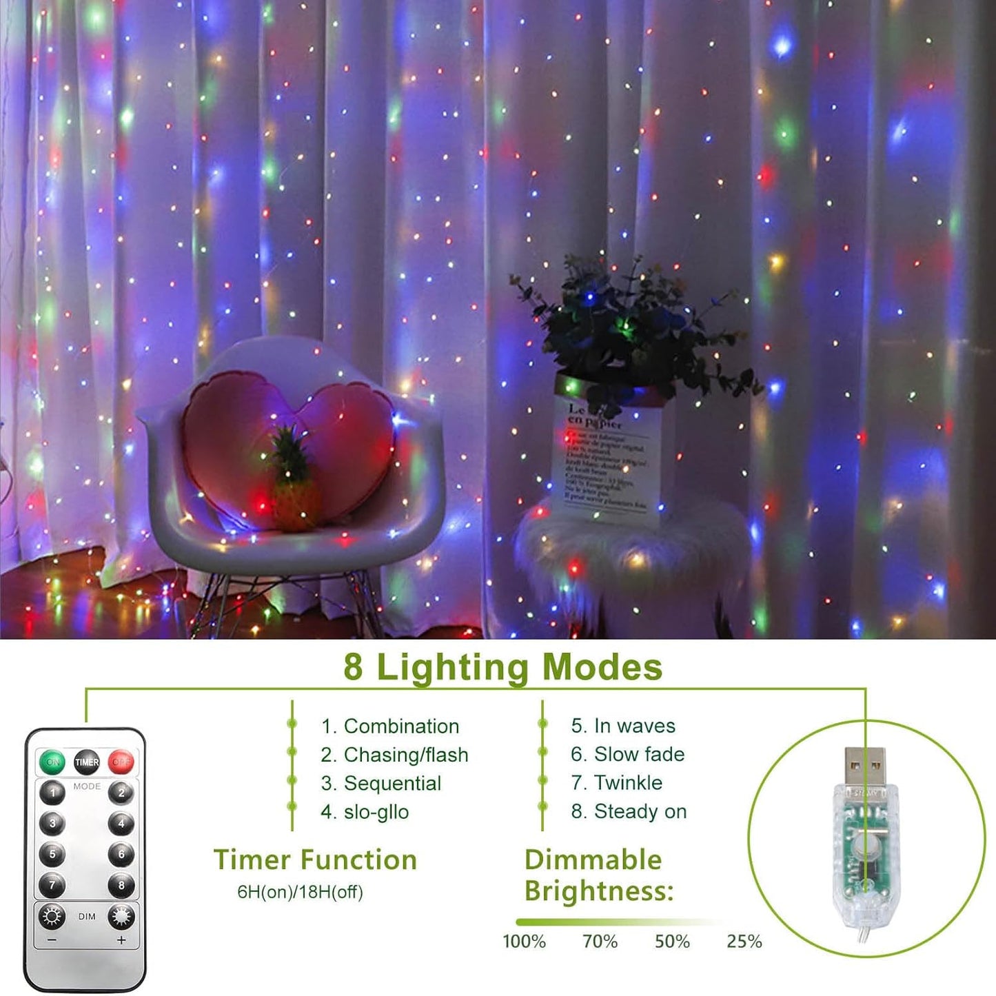 Skiennix 300 LED Curtain String Lights - 8 Light Modes | 9.8x9.8Ft Remote USB Plug for Indoor/Outdoor Decor