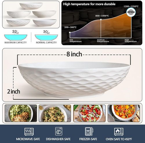 Artena Pasta Bowls Set of 4 - 32oz Ceramic Serving Bowls for Soup, Salad & Noodles | 8-Inch, Microwave & Dishwasher Safe