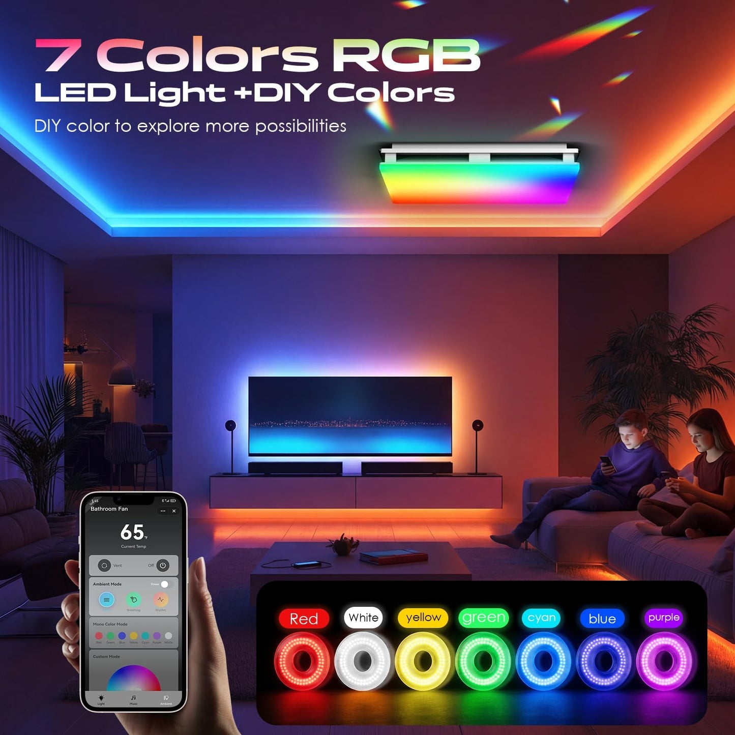 BSEED Wifi Smart Bathroom Exhaust Fan with Light, Bluetooth Speaker & Humidity Sensor, 230 CFM 1.5 Sone, 7 RGB Modes & 3CCT Adjustable Light & Nightlight, Music Sync, App/Remote Control, Easy Install