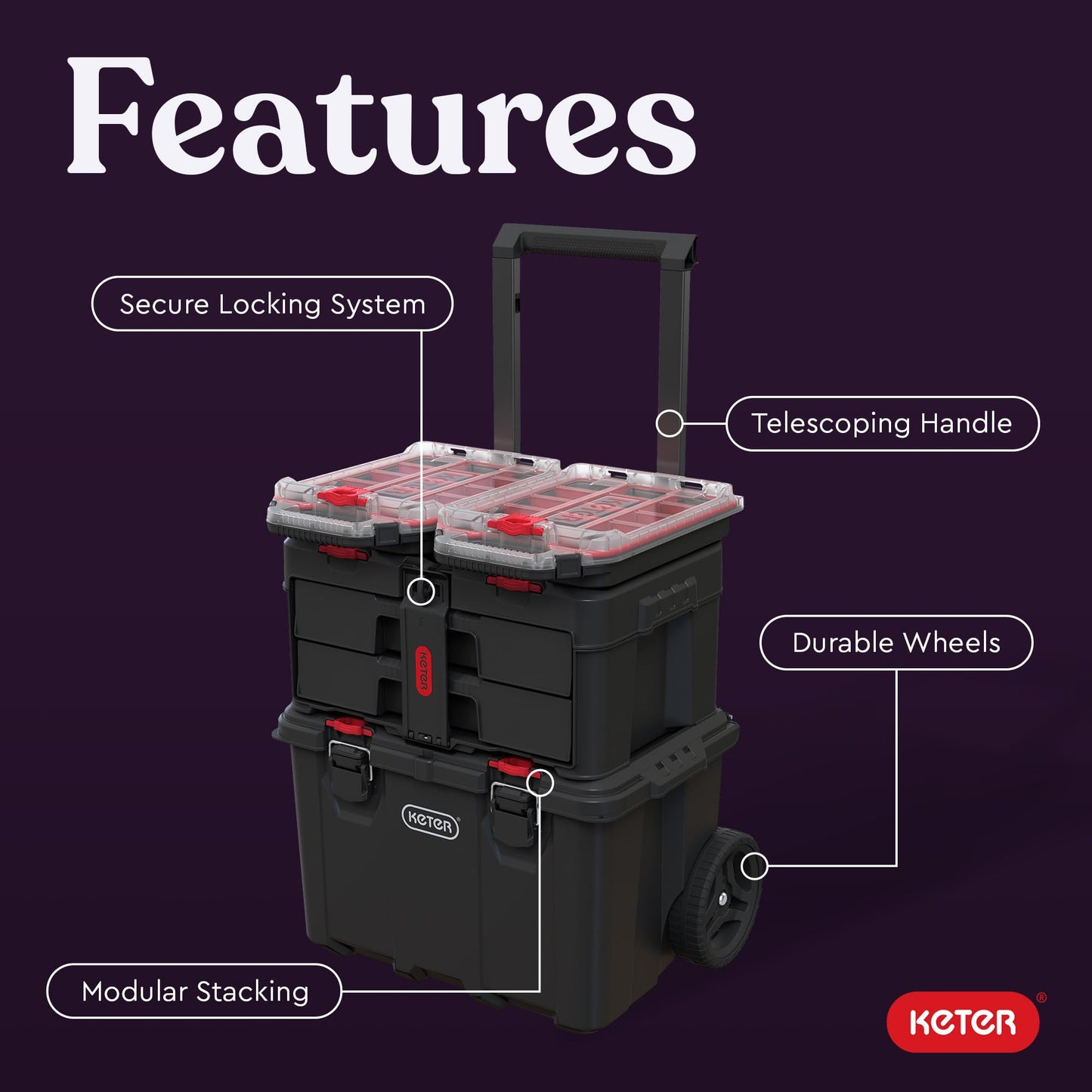 Stack N’ Roll 4-Piece Rolling Tool Storage System – Includes Large Rolling Tool Box, 2-Drawer Tool Box & 2 Tray Organizers | Modular Stackable Tool Storage with Wheels for Garage & Workshop