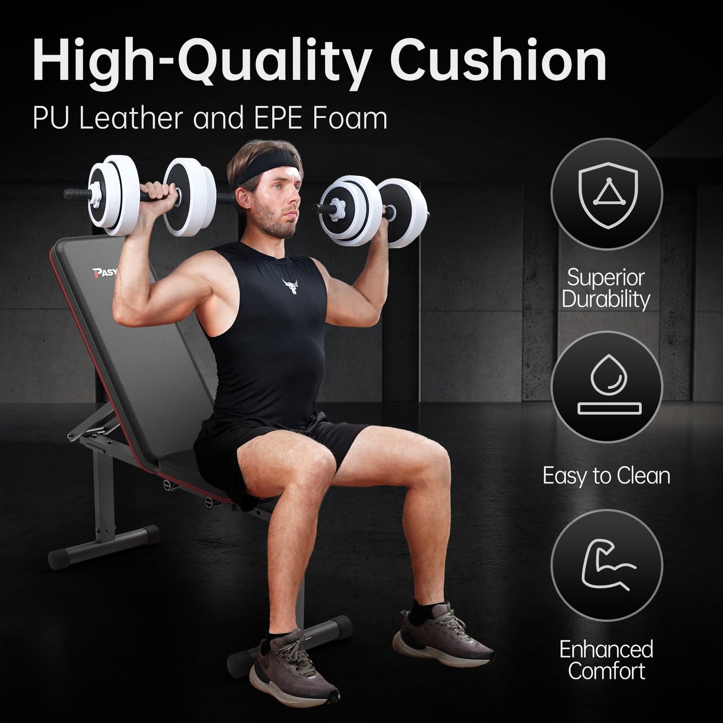 PASYOU Adjustable Flat Weight Bench, Foldable Bench Press for Home Gym, Multi-Angle Incline Workout Bench for Full Body Strength Training with 660LB Capacity, Free-Assembly Dual-Frame, PB200
