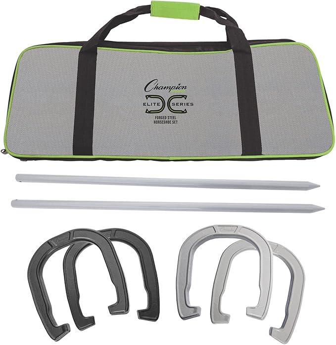 Champion Sports Horseshoe Set: Traditional Outdoor Lawn Game includes Four Professional Solid Steel Horseshoes with Solid Steel Stakes & Carrying Storage Case