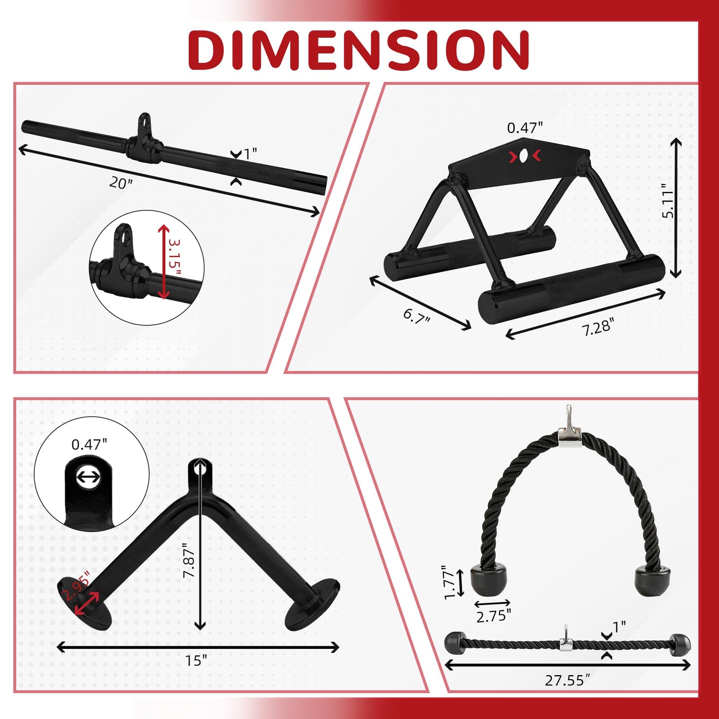 Fitvids Cable Machine Attachment – Tricep LAT Pull Down Cable Attachment for Gym – 4-Piece Set-Black – Black