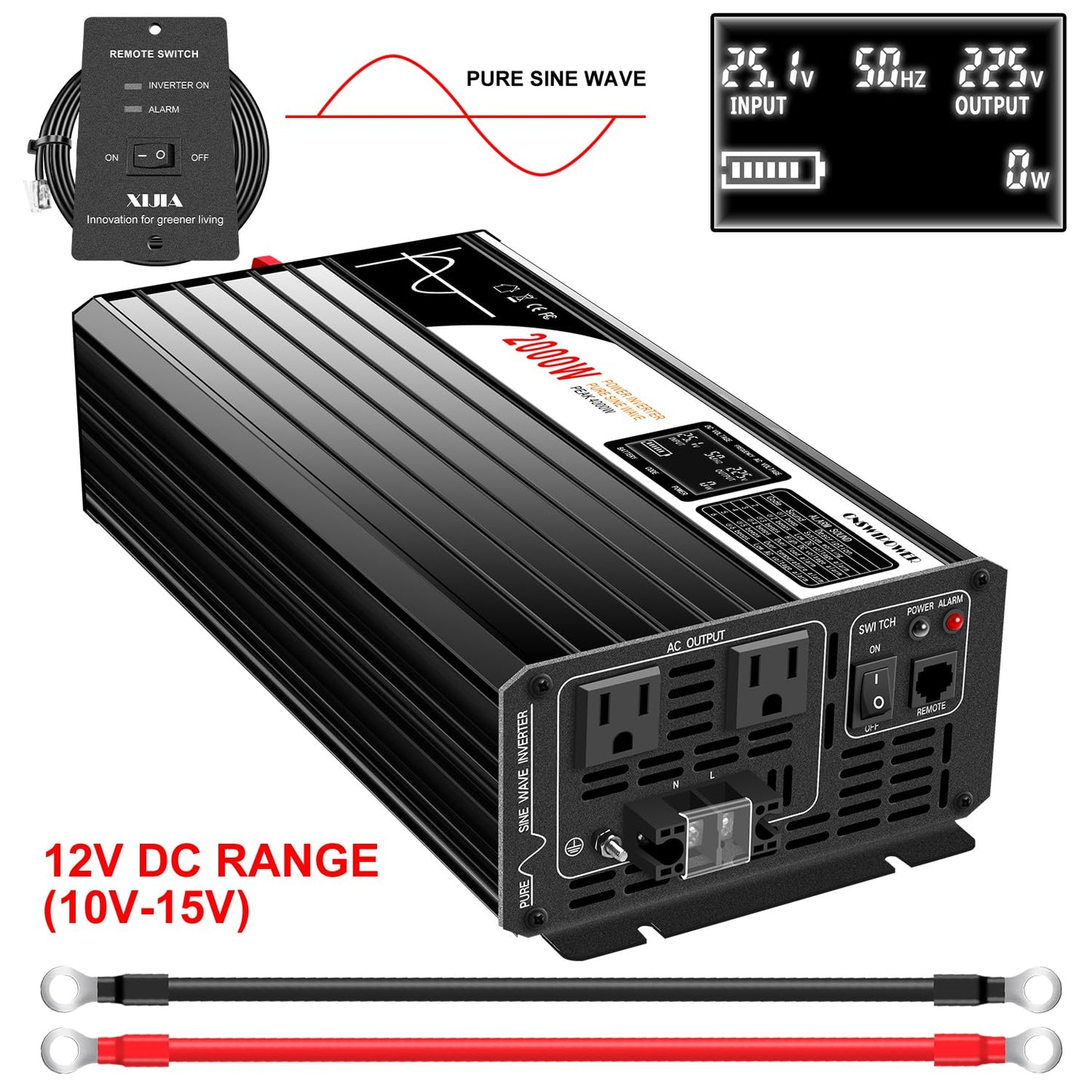 Xijia 2000W Pure Sine Wave Inverter，12V to 120V AC Converter for Home，Solar Systems，Remote and Bluetooth Control for Truck，Camping，with 2 AC Socket，Surge Power 4000W