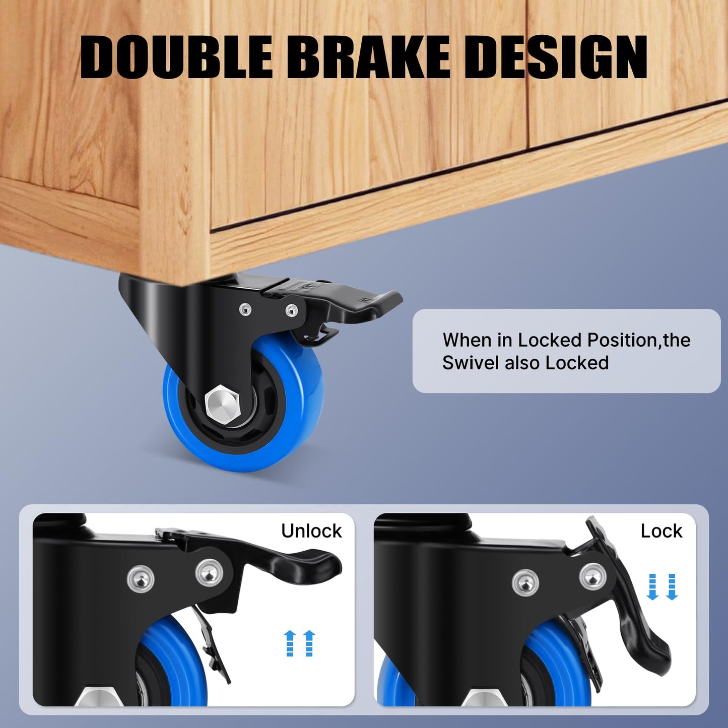 Humagineer Stem Caster Wheels 2 Inch, Heavy Duty Threaded Stem Casters, 3/8"-16 x 1 (Screw Diameter 3/8", Length 1") Swivel Casters Set of 4 with Safety Dual Locking Wheel for Furniture and Cart