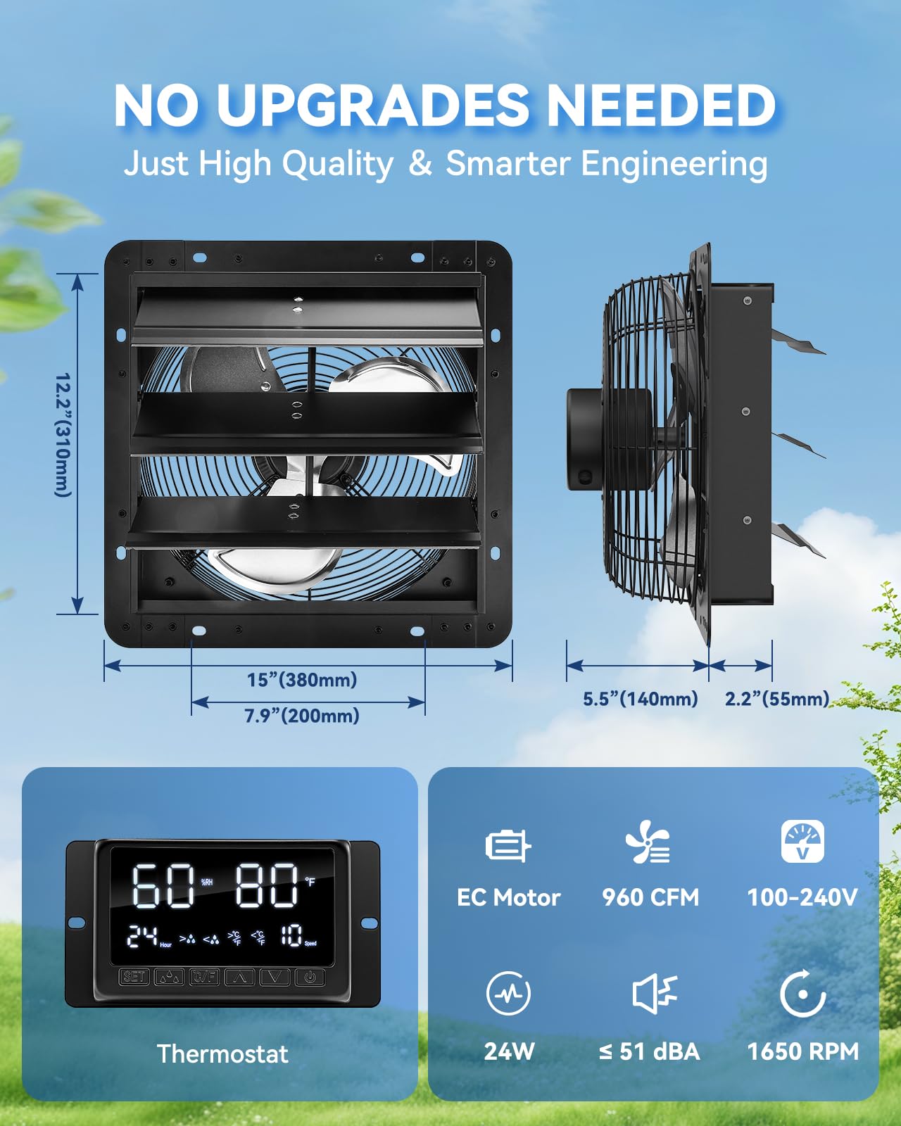 12" Wall Mounted Shutter Exhaust Fan with Thermostat - Temperature Humidity Controller, EC Motor, Aluminum Auto Shutter Ventilation Fan, Attic Vent Fan, Coops, Greenhouse, Barn, Shed Ventilator