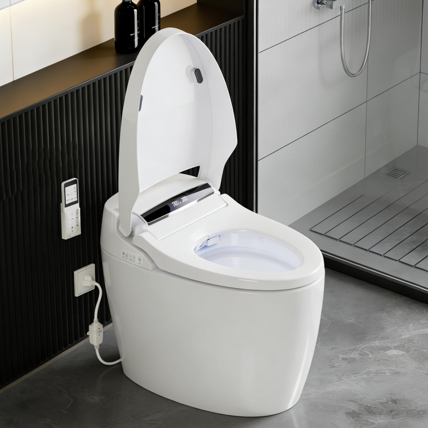 TDH Smart Toilet, Tankless Toilets with Foot Sensor Operation, Heated ToiletSeat with Warm Water Sprayer and Dryer, LED Display with Fahrenheit, Round Toilet Seat