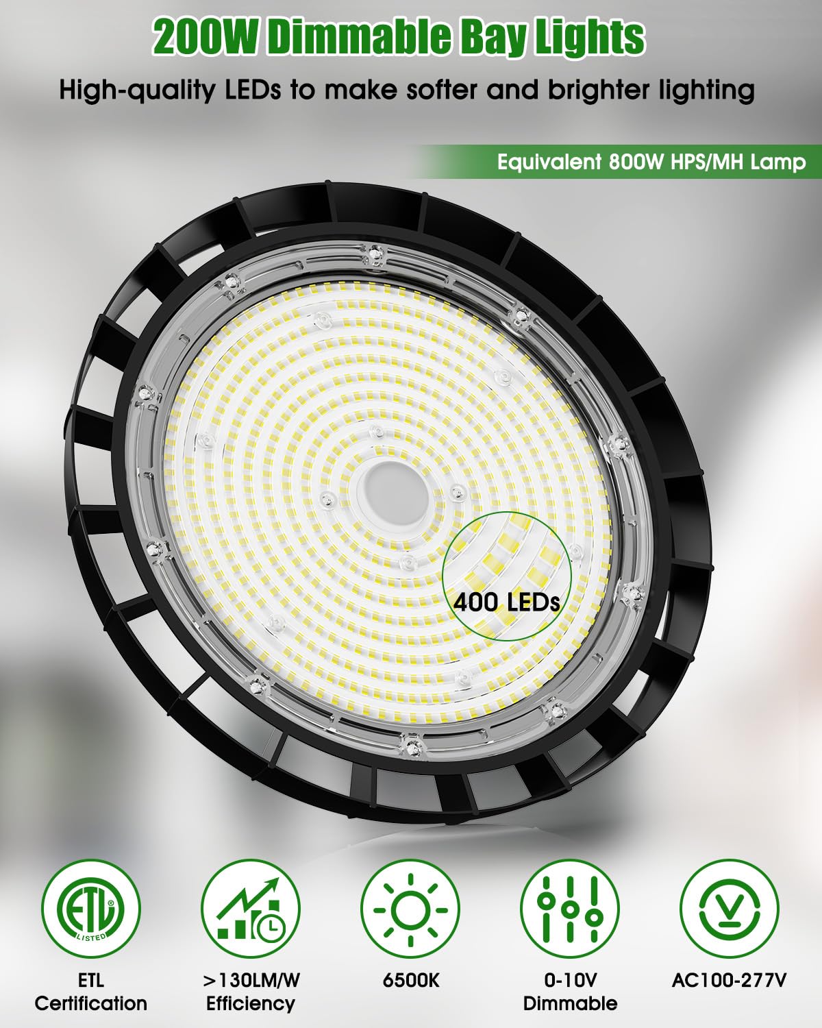 Probapro 200W UFO LED High Bay Lights - High Bay LED Shop Light 0-10V Dimmable, AC100-277V, 6500K Daylight, 26,000LM, 5Ft Cable, Plug and Play Commercial Lighting for Warehouse Factory Barn (6 Pack)