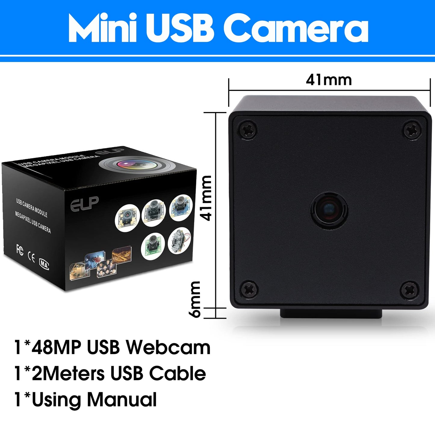 ELP 48MP Autofocus USB Camera with Metal Case for Computer Wide Angle 70degree No Distortion Lens Webcam Mini UVC USB2.0 PC Camera CCTV Video Industrial Lightburn Camera for Raspberry pi Jetson Nano