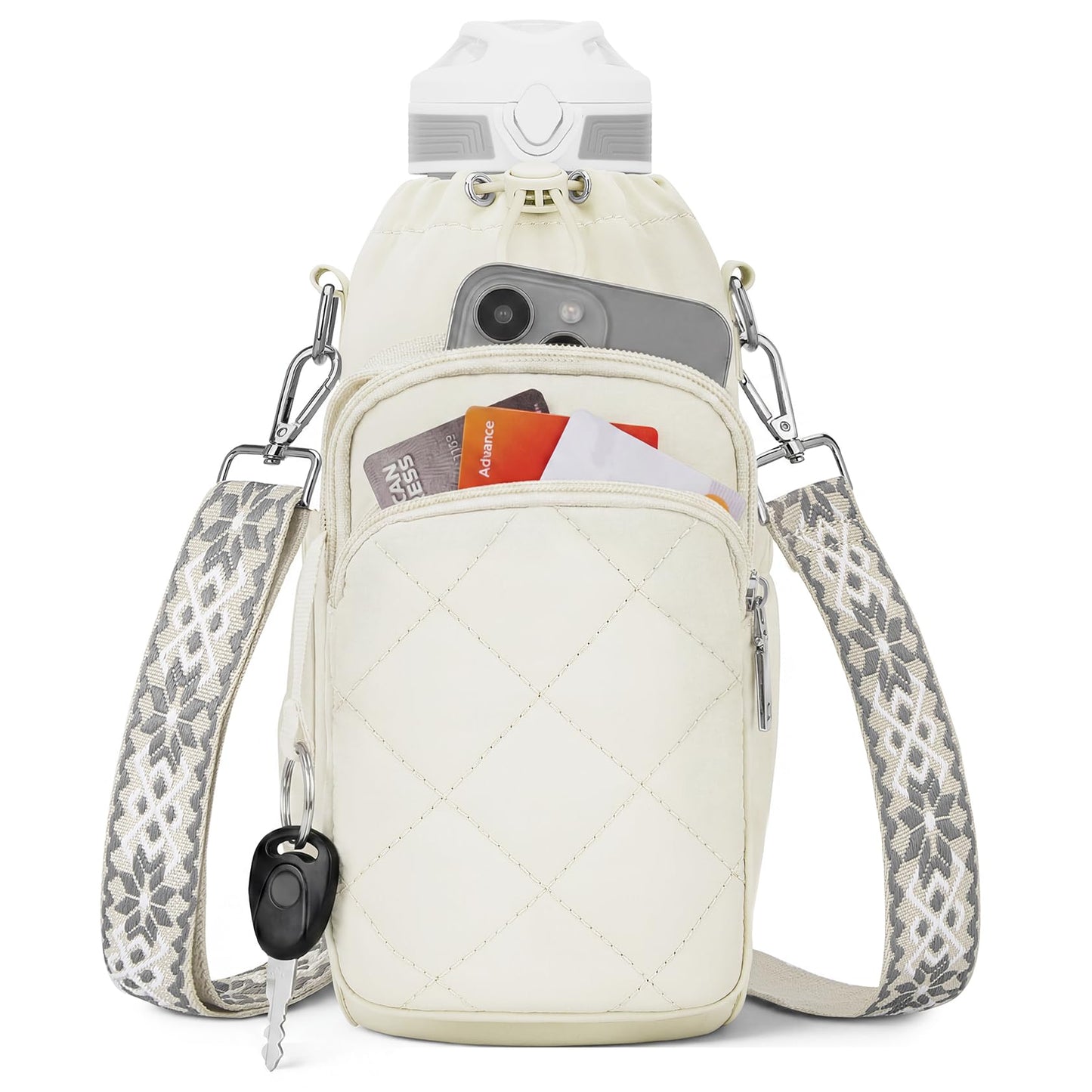 SYTRAH Water Bottle Bag Crossbody，Insulated Water Bottle Purse Crossbody Water Bottle Holder with Strap 40 oz, Sling Bag for Walking Hiking, White
