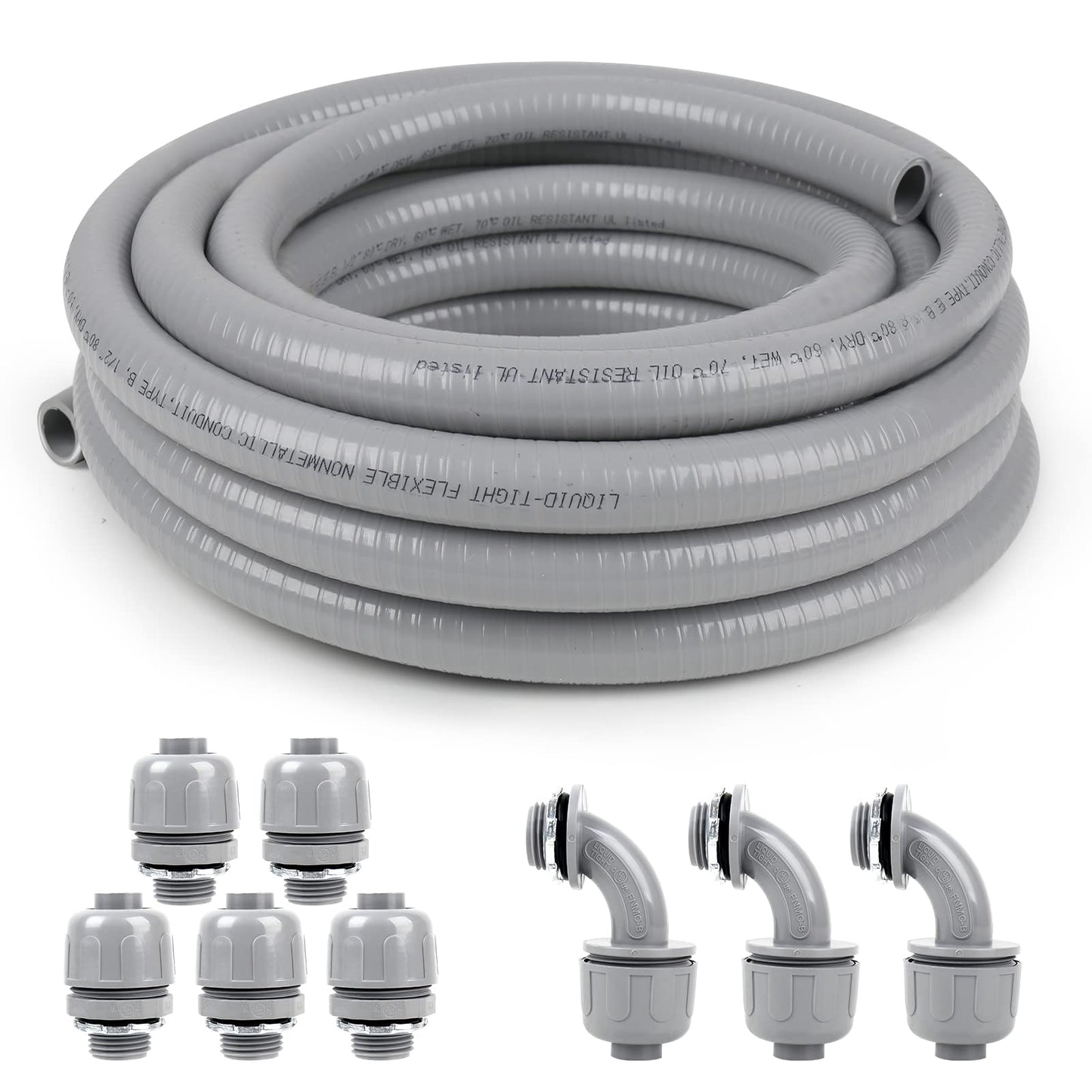 Elecoman 1-1/4(1.25) inch 50ft Liquid-Tight Conduit and Connector Kit,Flexible Non-Metallic Liquid Tight Electrical Conduit Kit with 5 Straight and 3 90-Degree Connector Fittings,1in. Dia…